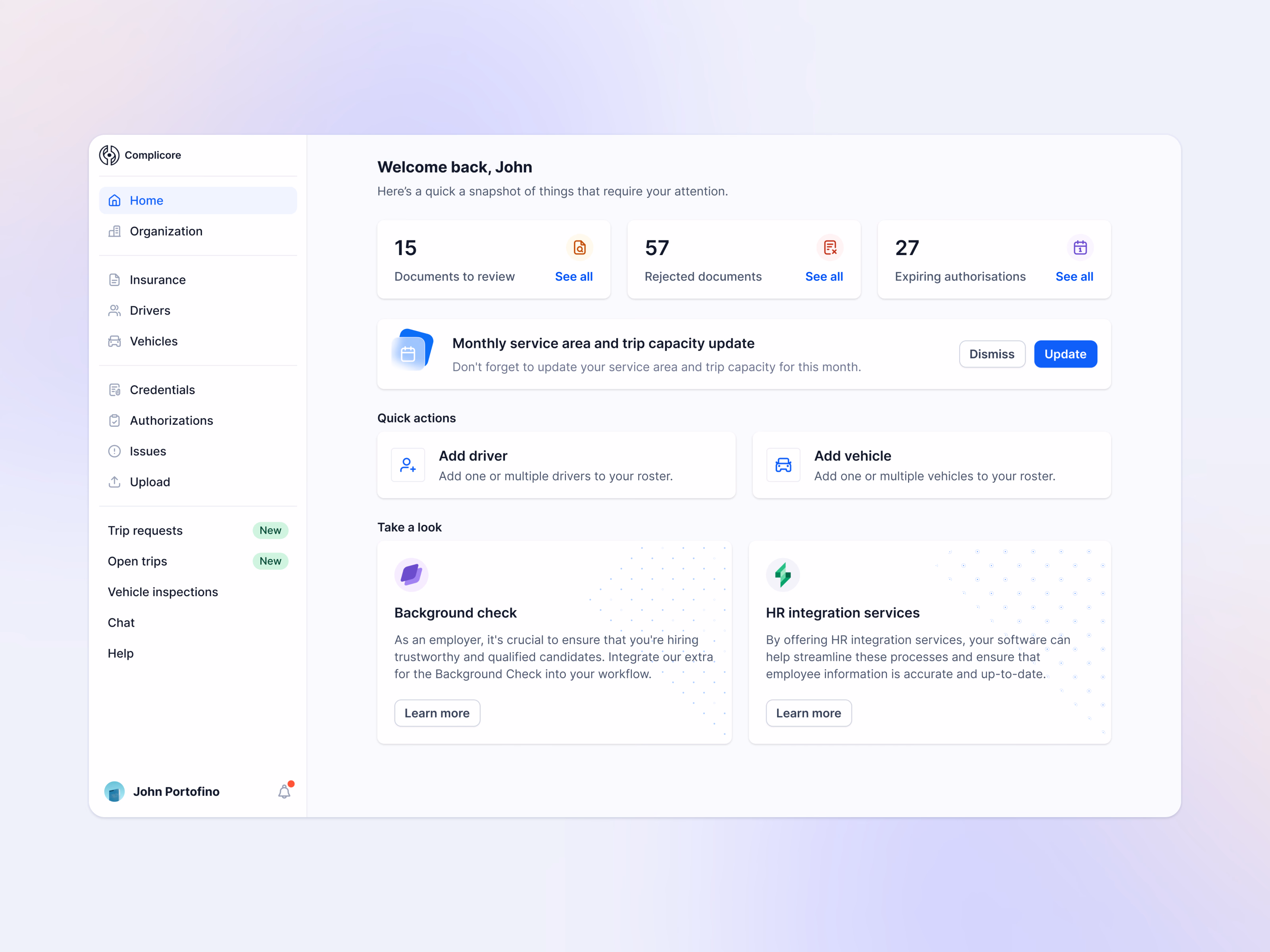Document compliance home dashboard for Complicore