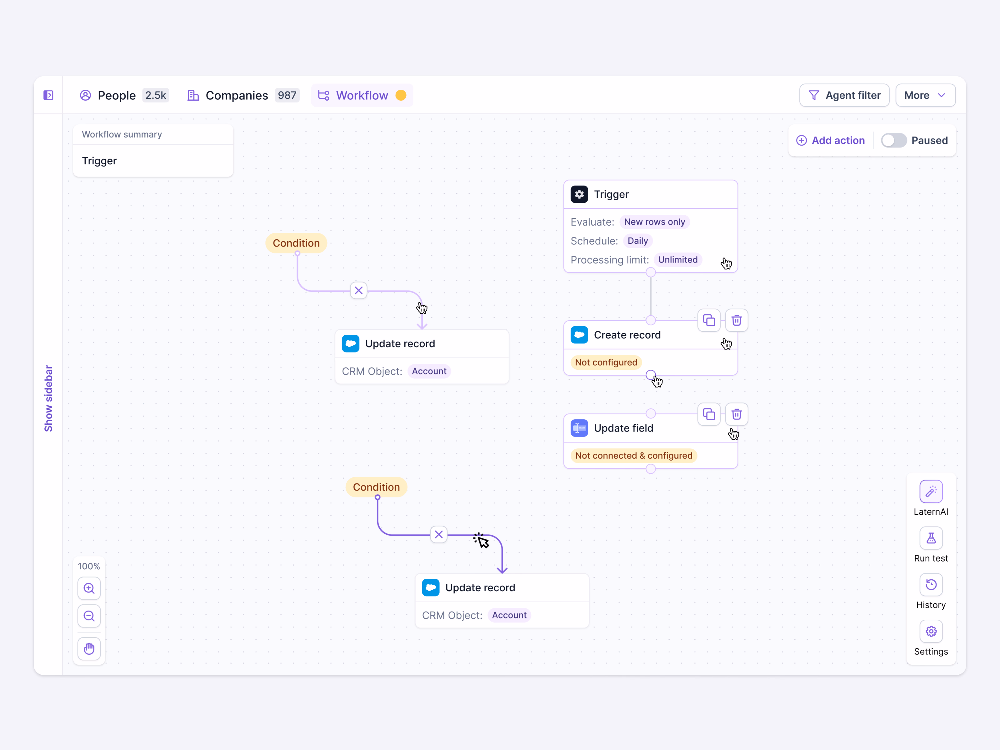 Hover actions in Lantern's AI workflow builder