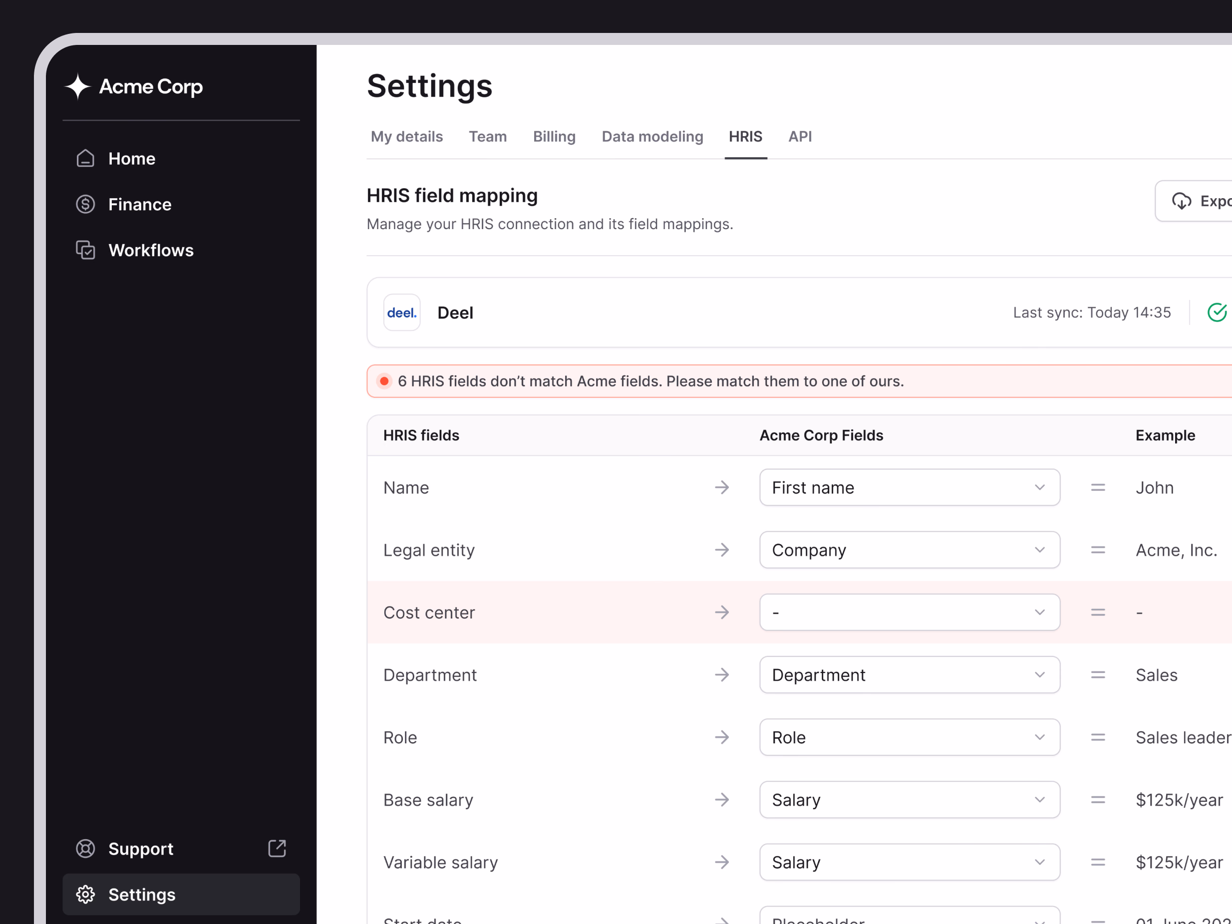 HRIS field mapping settings for Horus