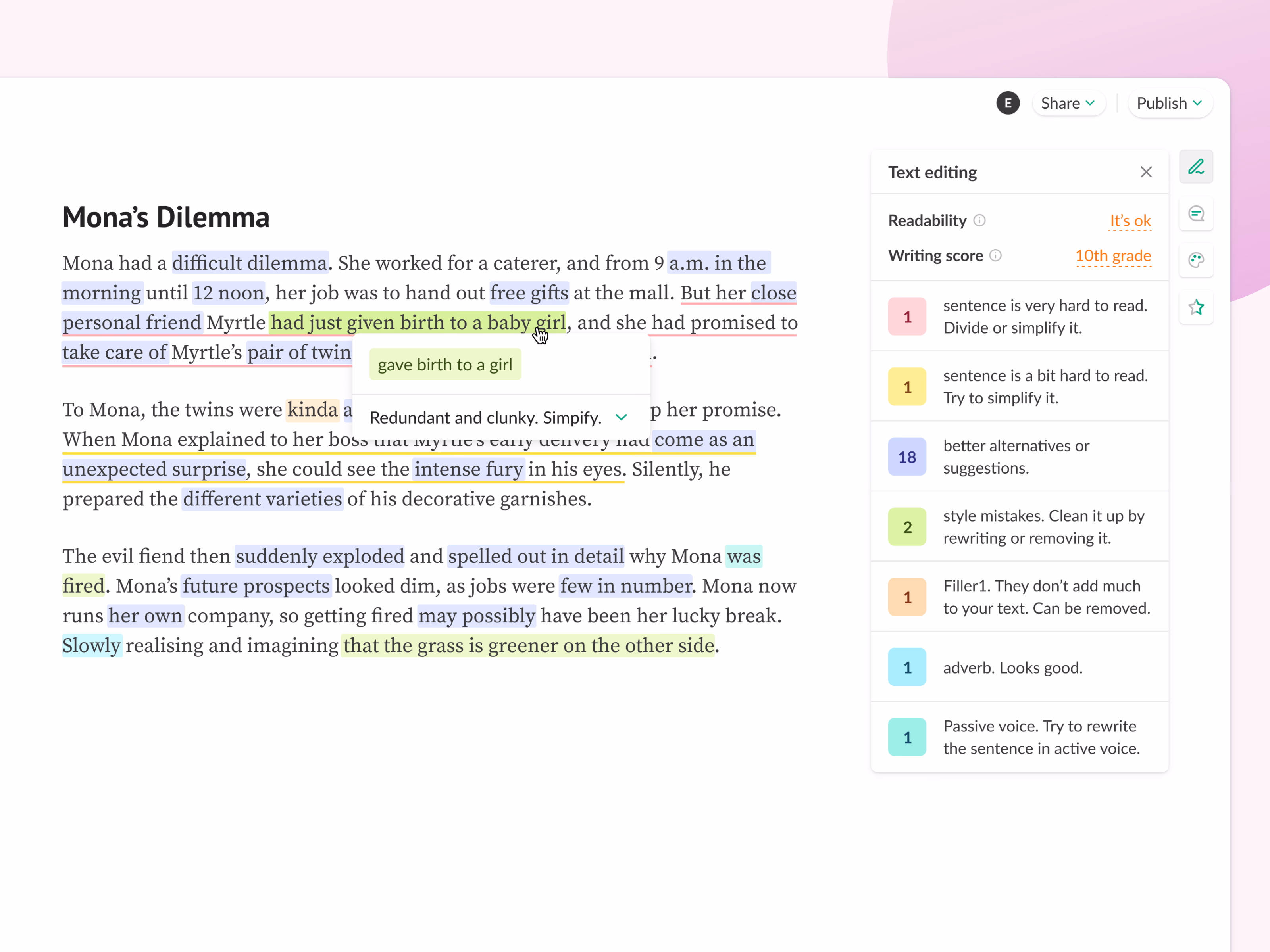 Writing feedback edit mode for the Shosho editor