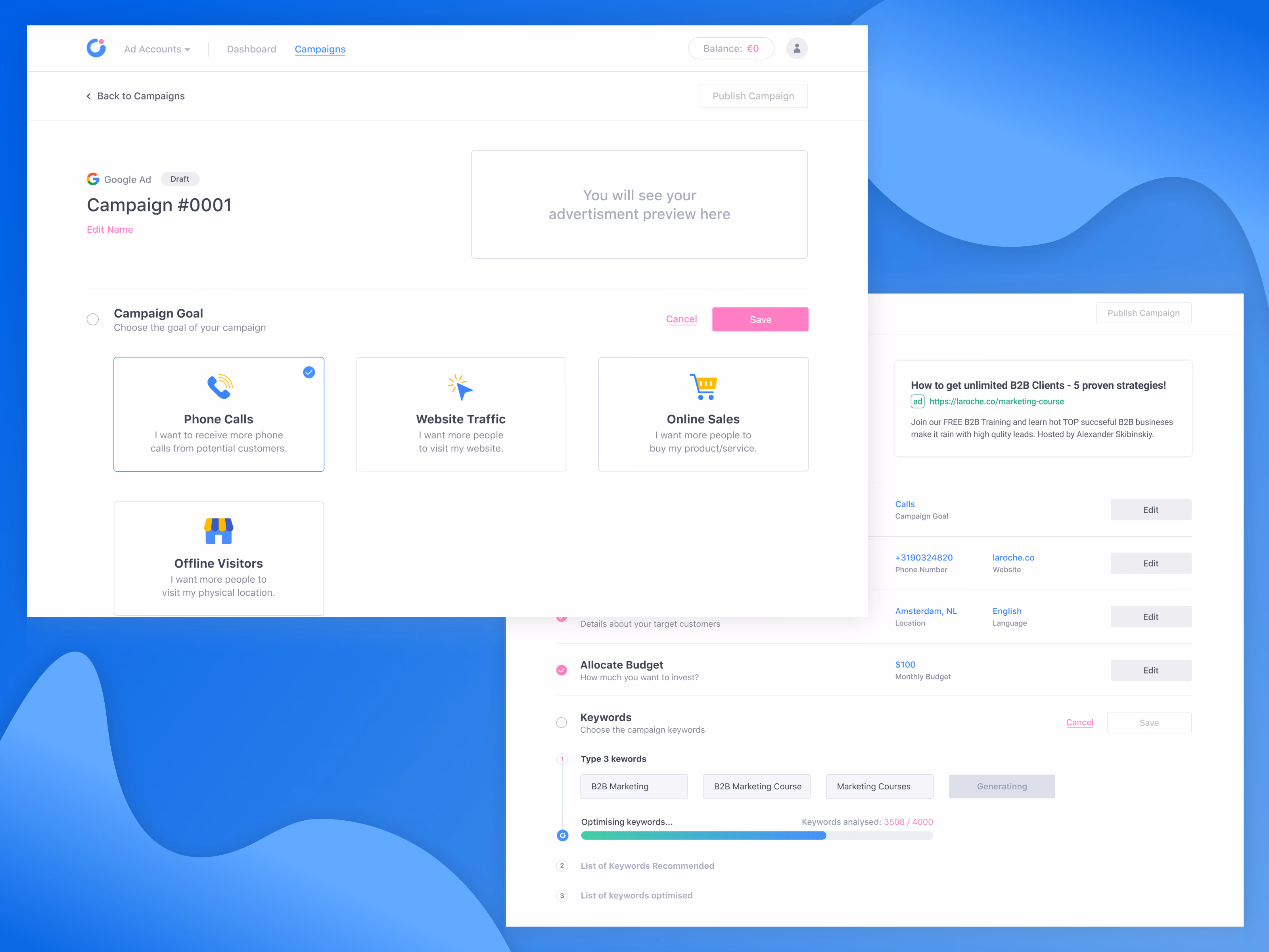 Ad campaign setup with goals and keywords in Instaon
