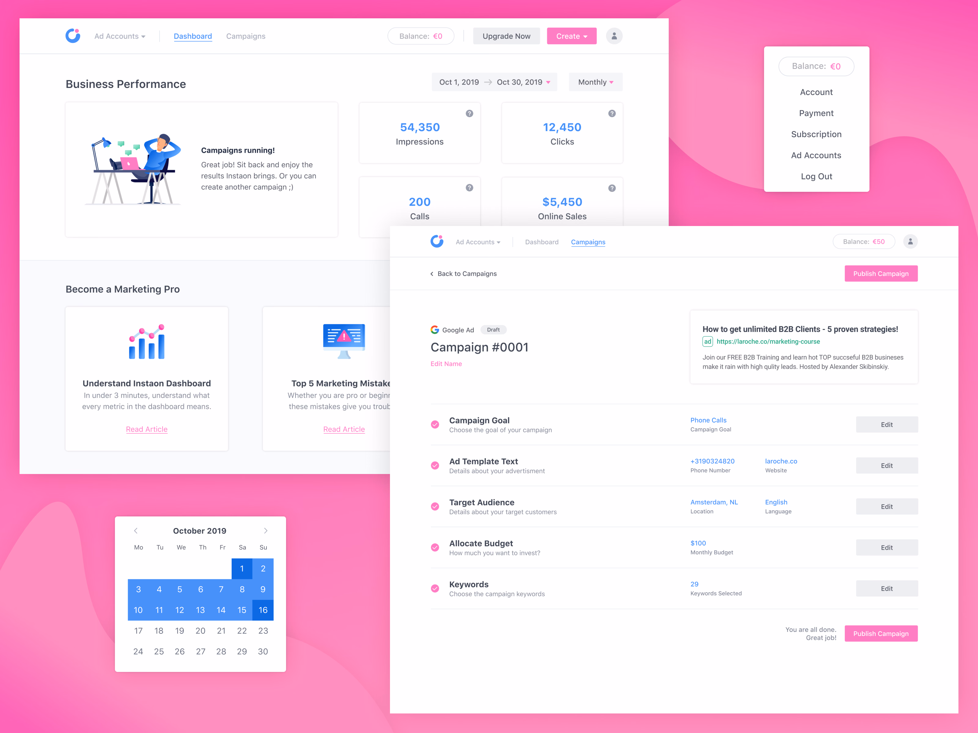 Ad performance dashboard and campaign summary for Instaon