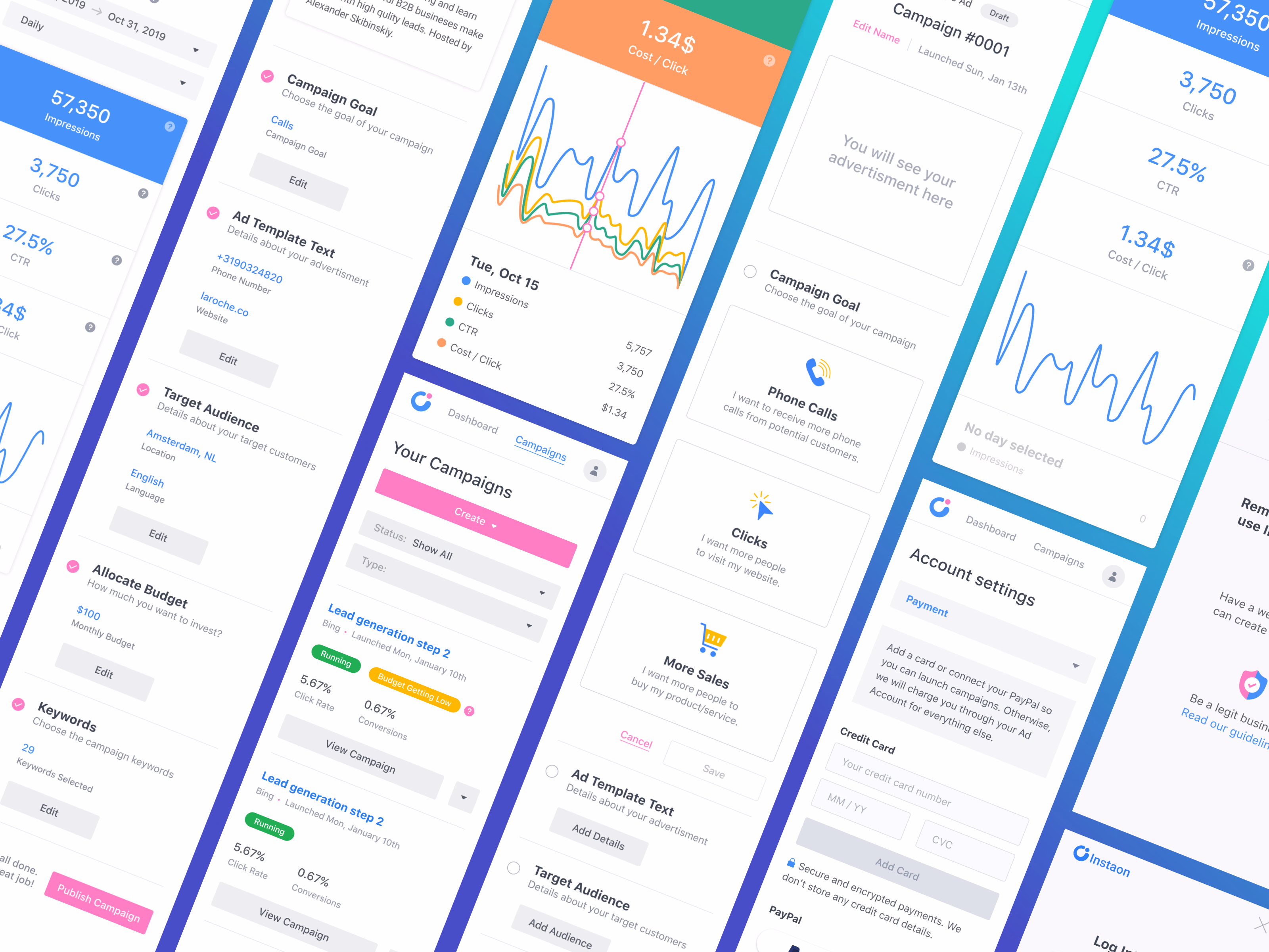 Mobile ad campaign app screens for Instaon