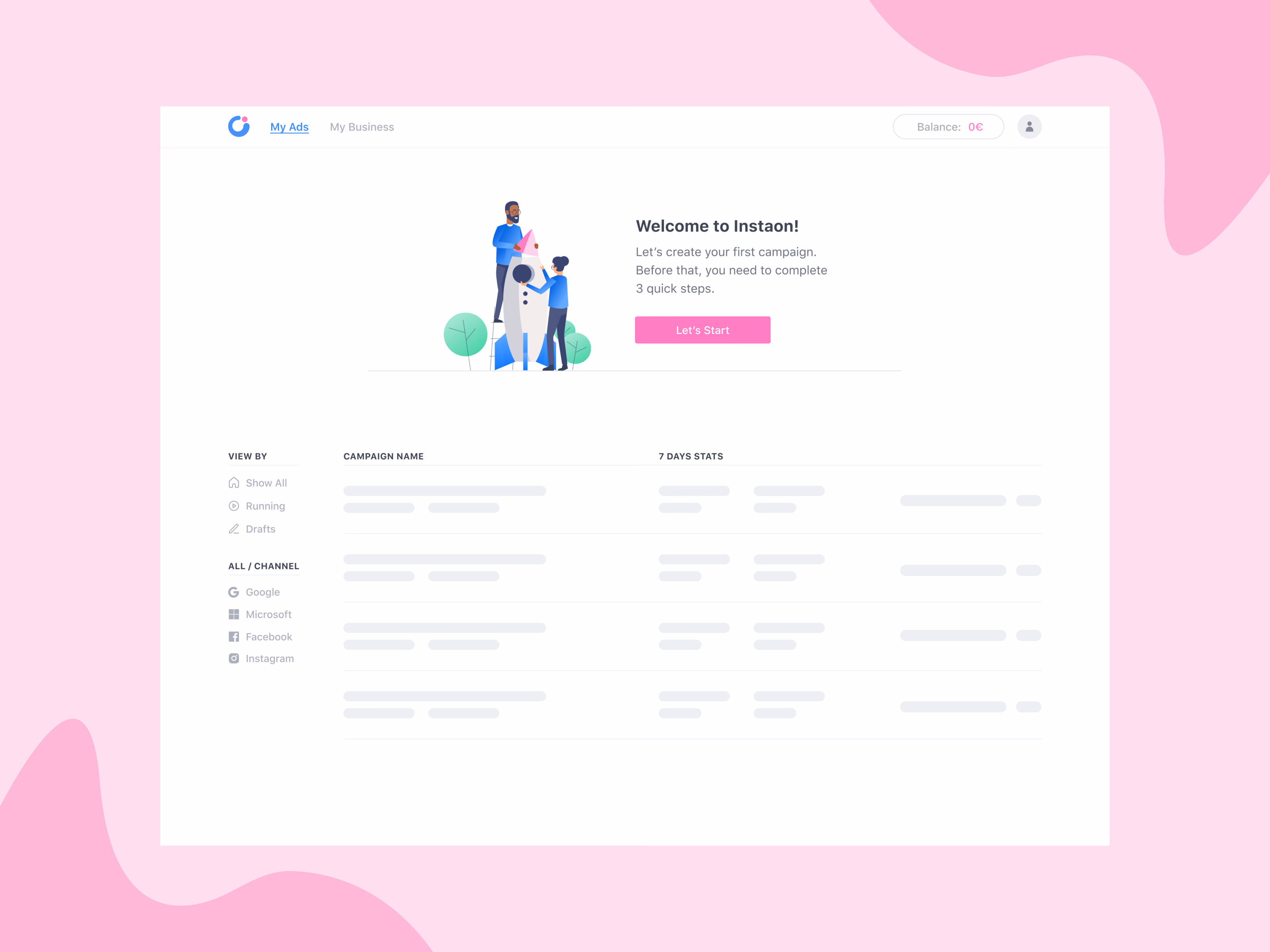 First onboarding step for the Instaon ad platform