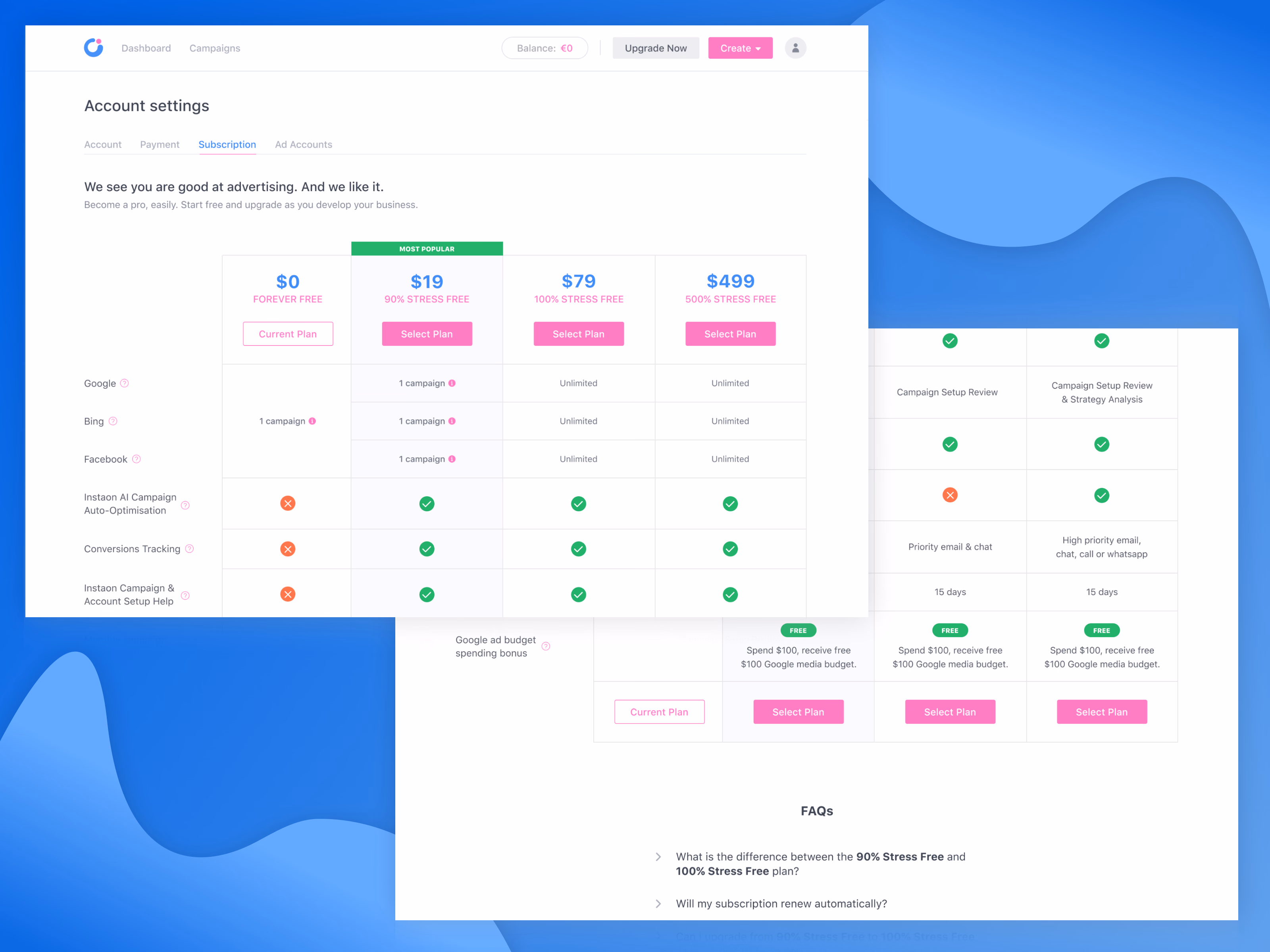 Pricing plan comparison table for Instaon
