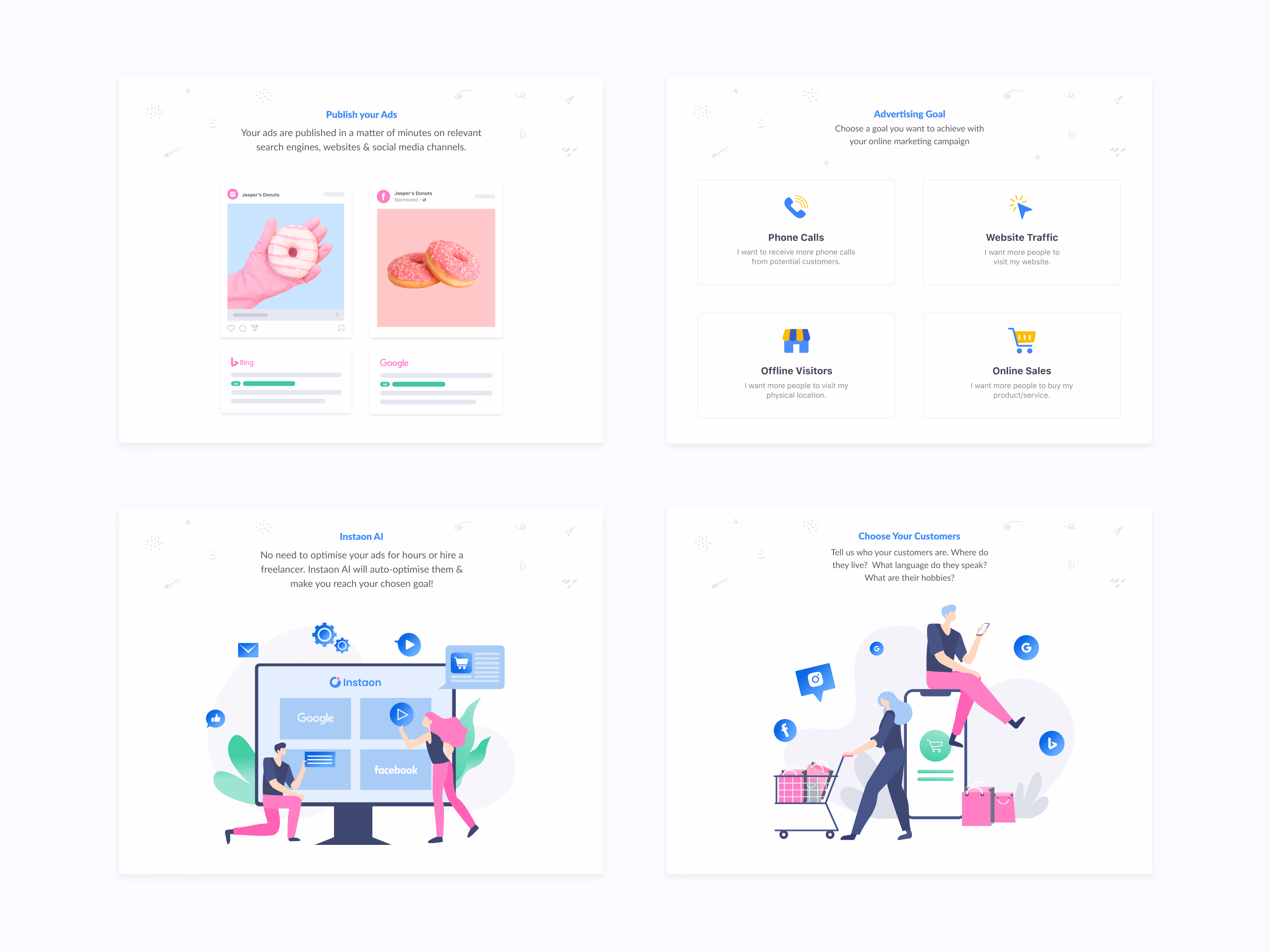 Ad platform feature illustrations for Instaon