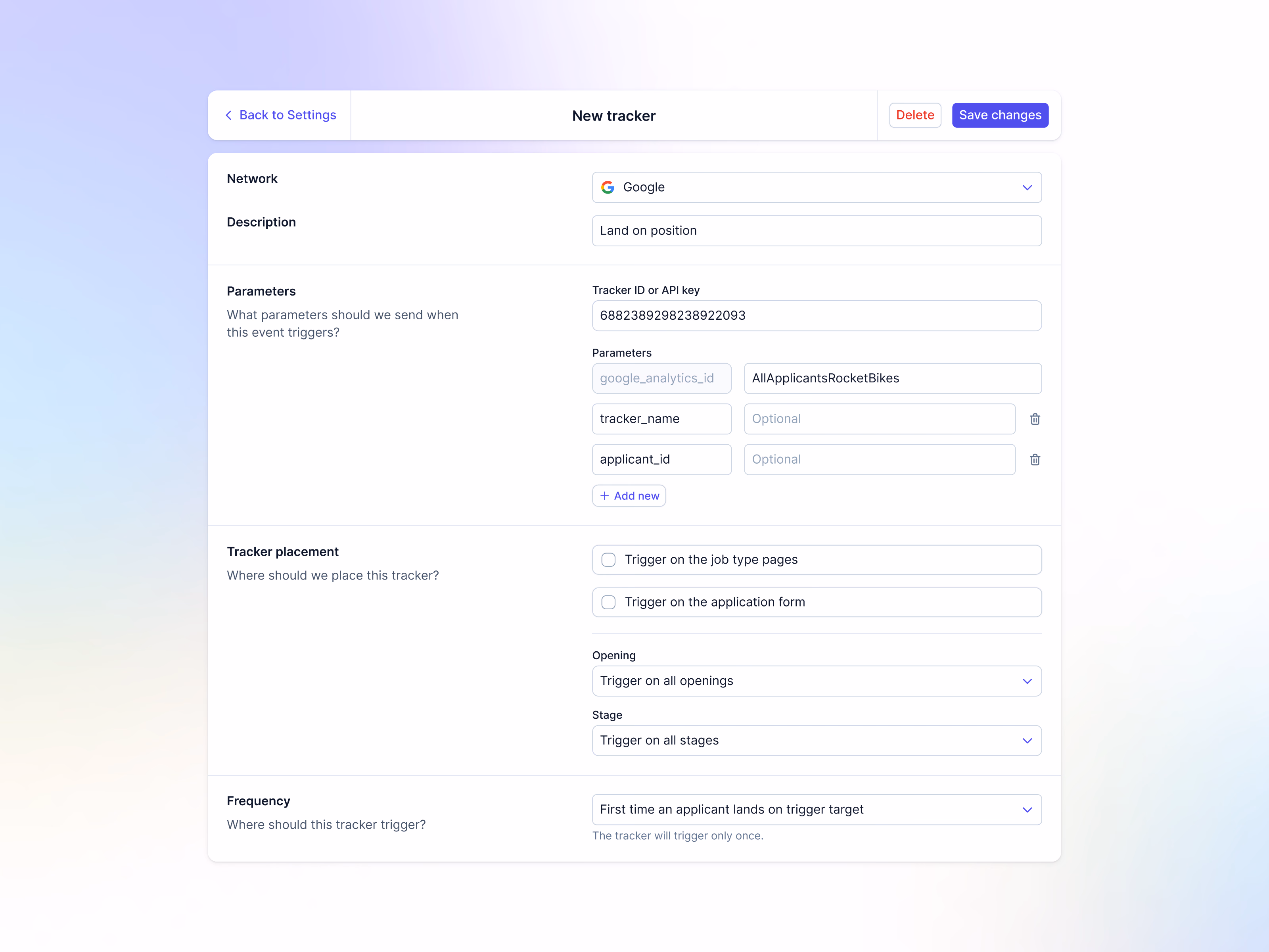 Applicant event tracker settings for Teero