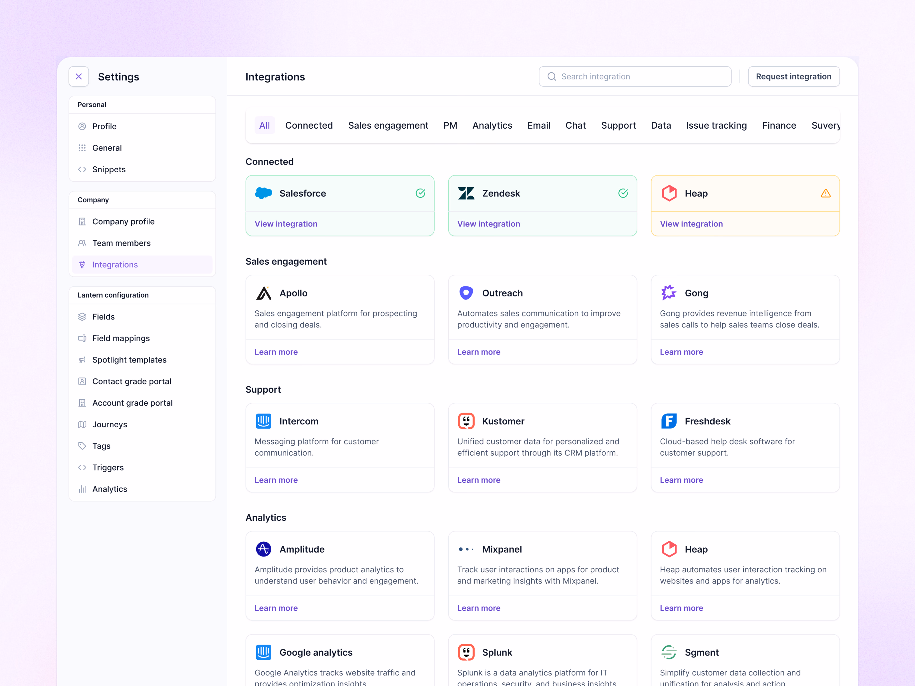 Integrations settings page for Lantern's AI CRM