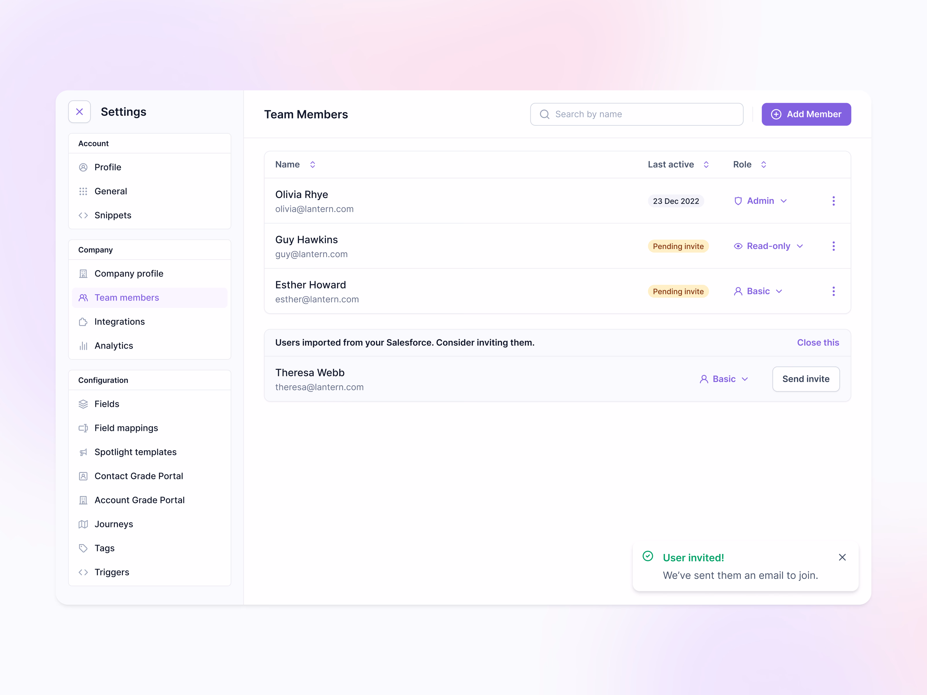 Invite users from Salesforce in Lantern settings