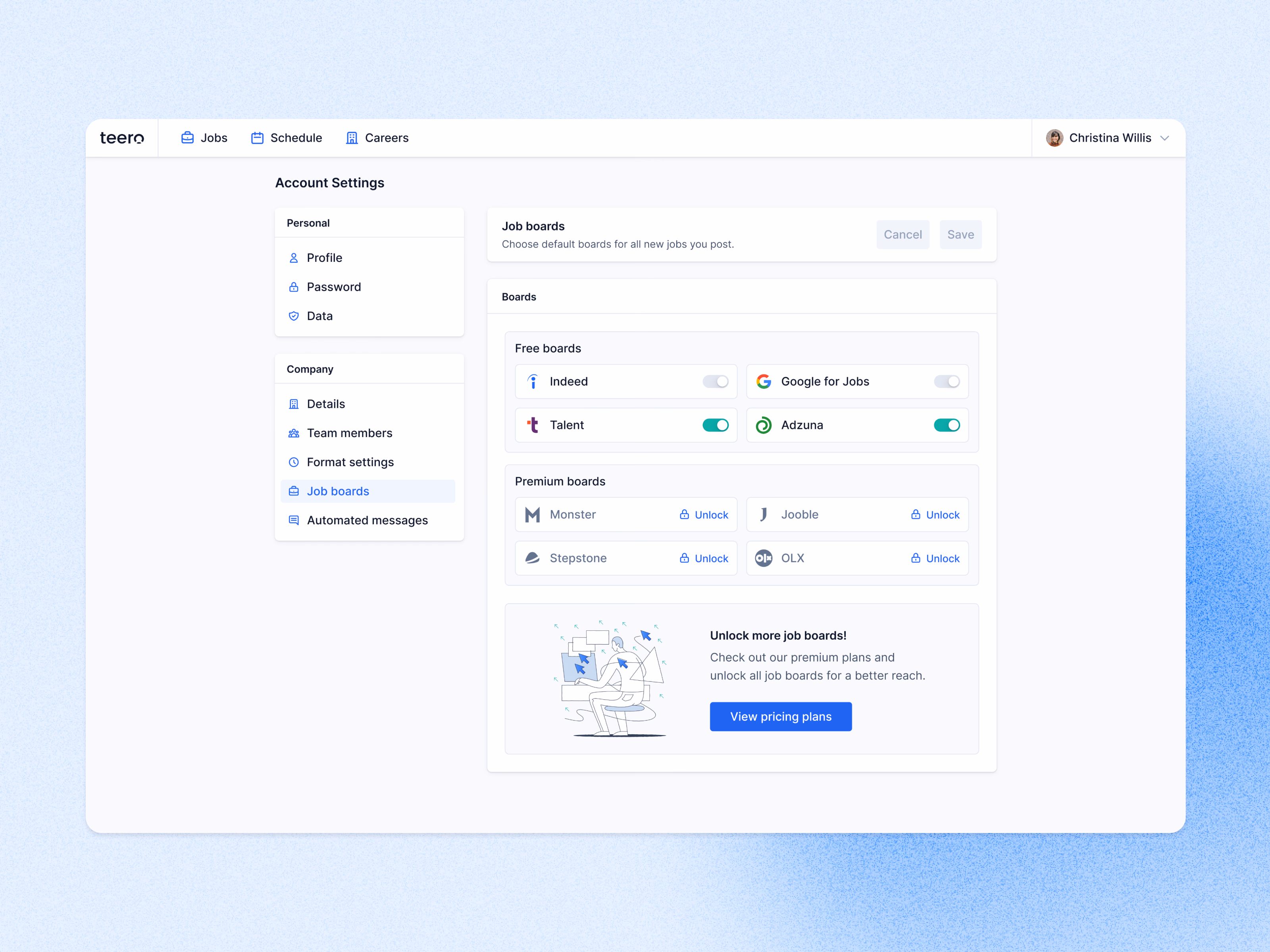Free plan job board settings for Teero