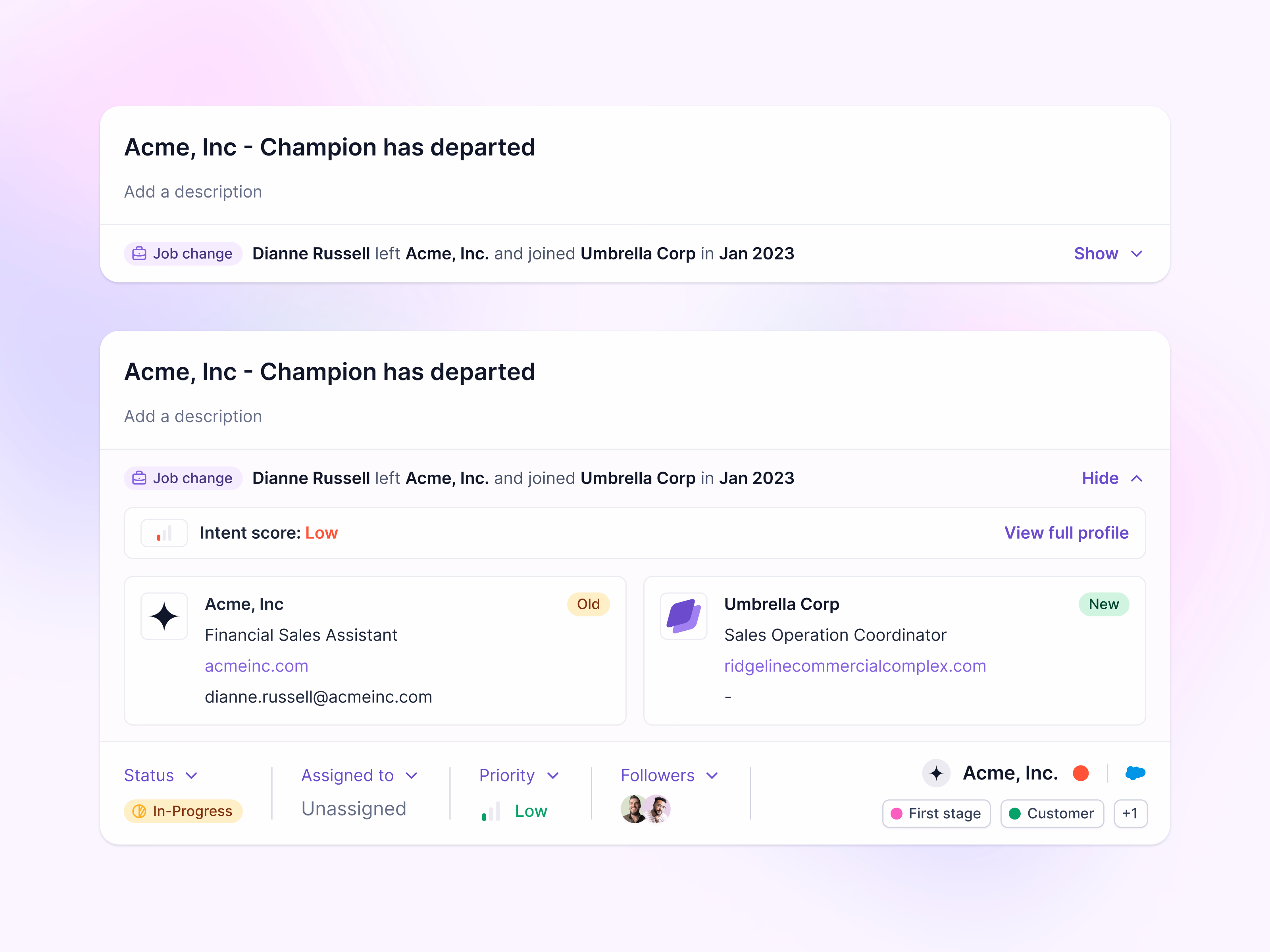 Champion job change alert for Lantern's AI CRM