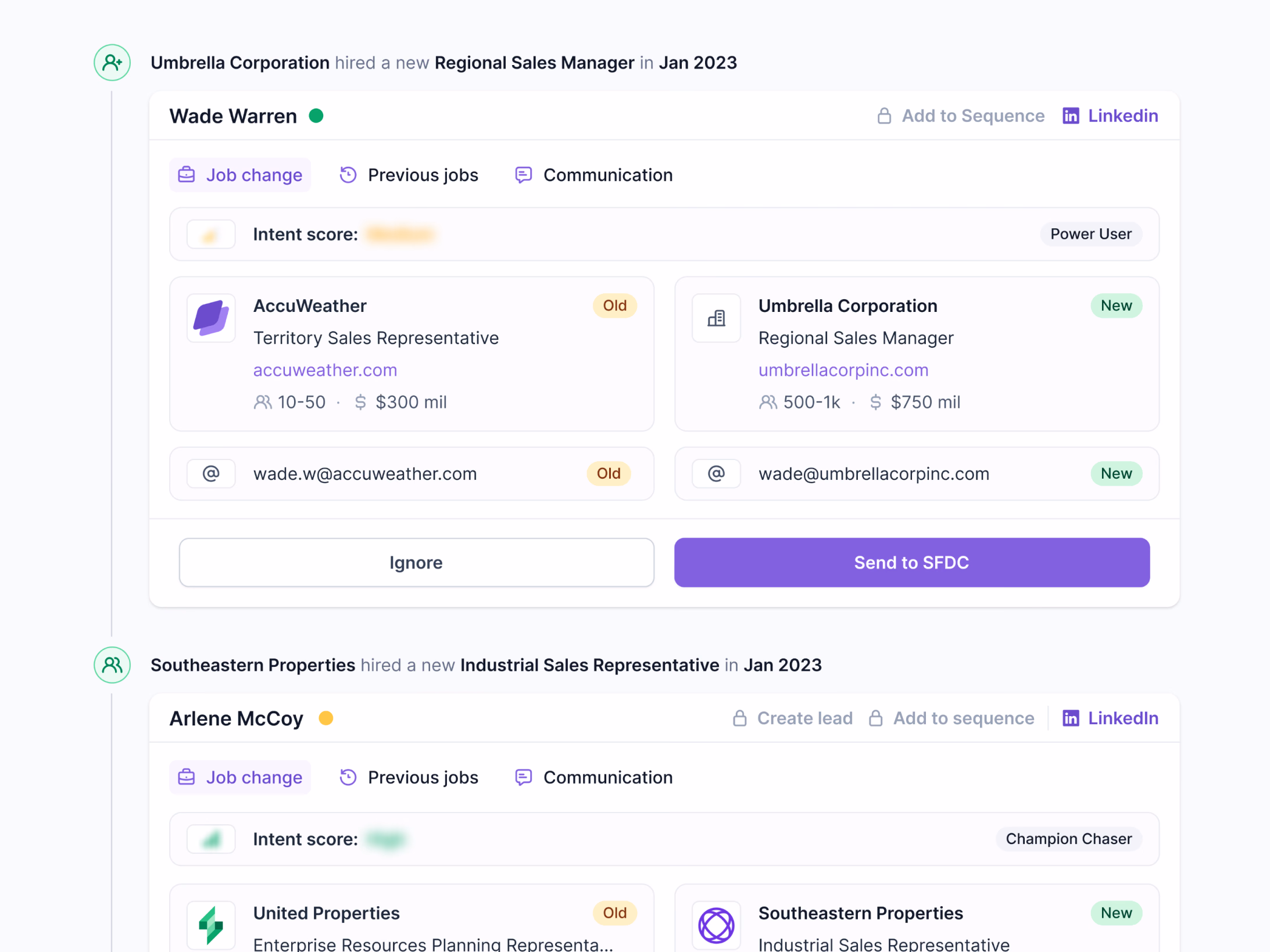 Job changes feed with Salesforce actions for Lantern