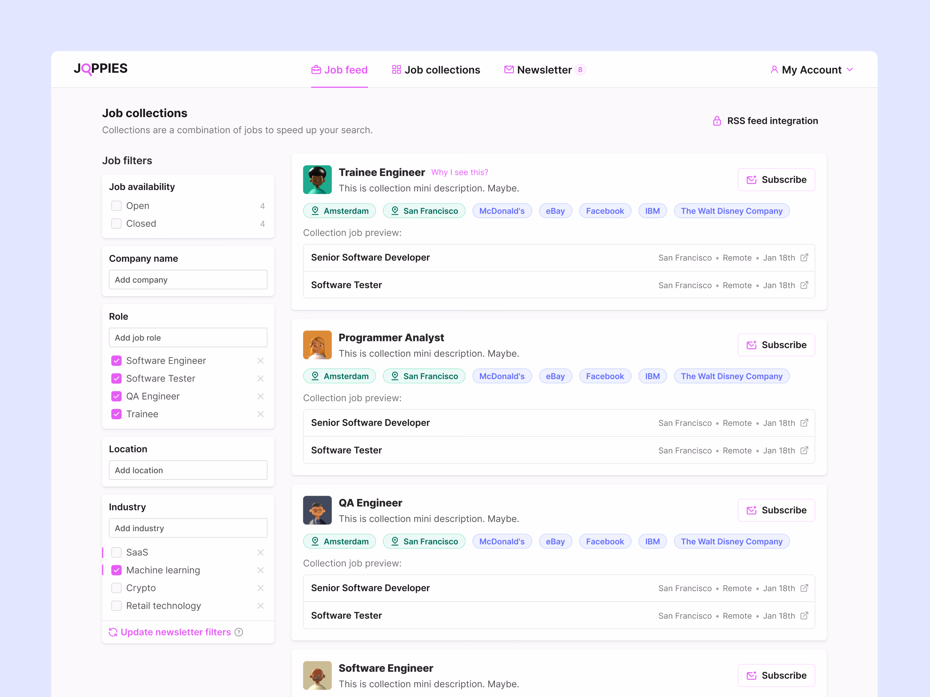 Followable job collections page for Joppies