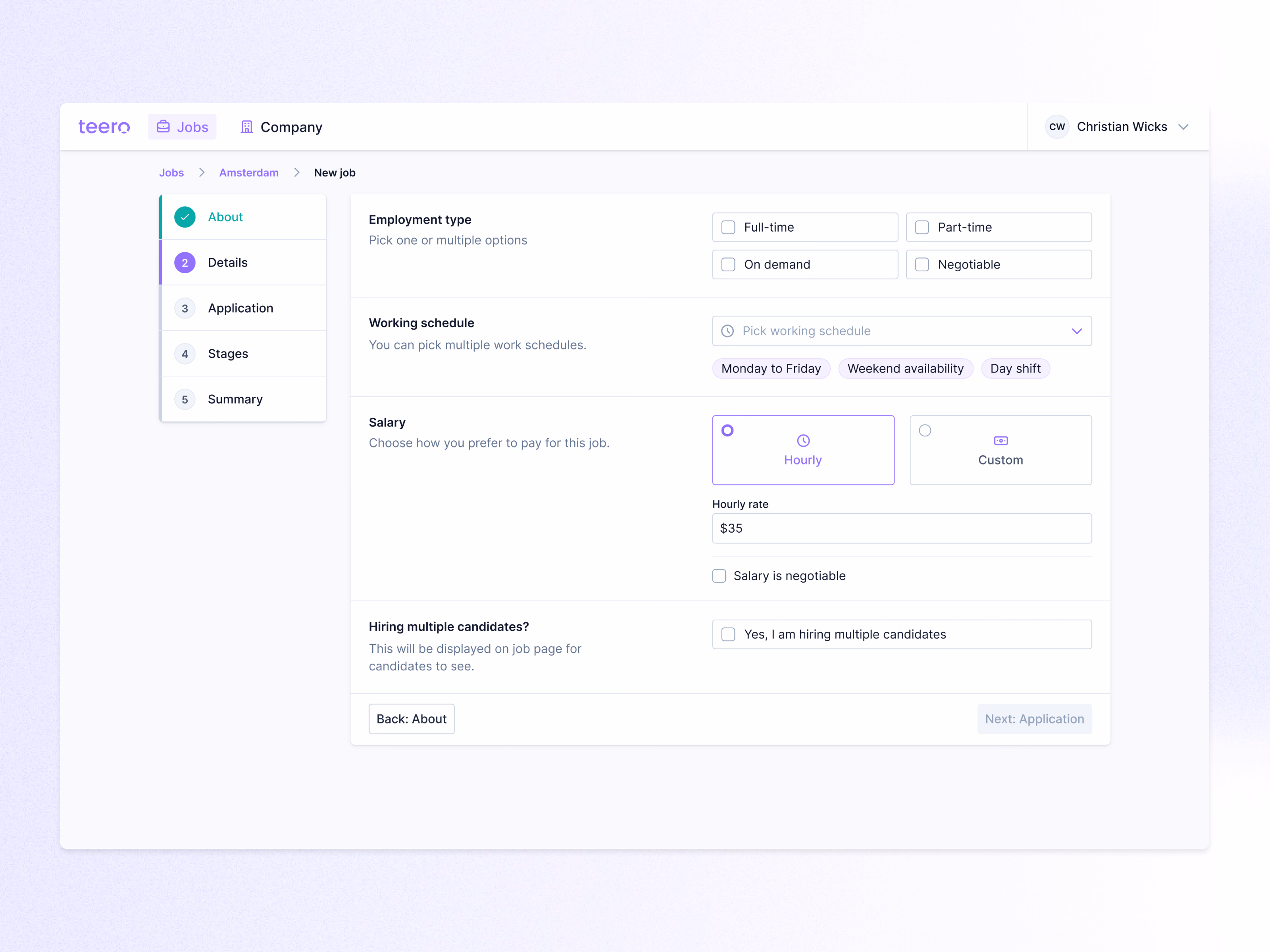 Job details form with vertical stepper draft for Teero
