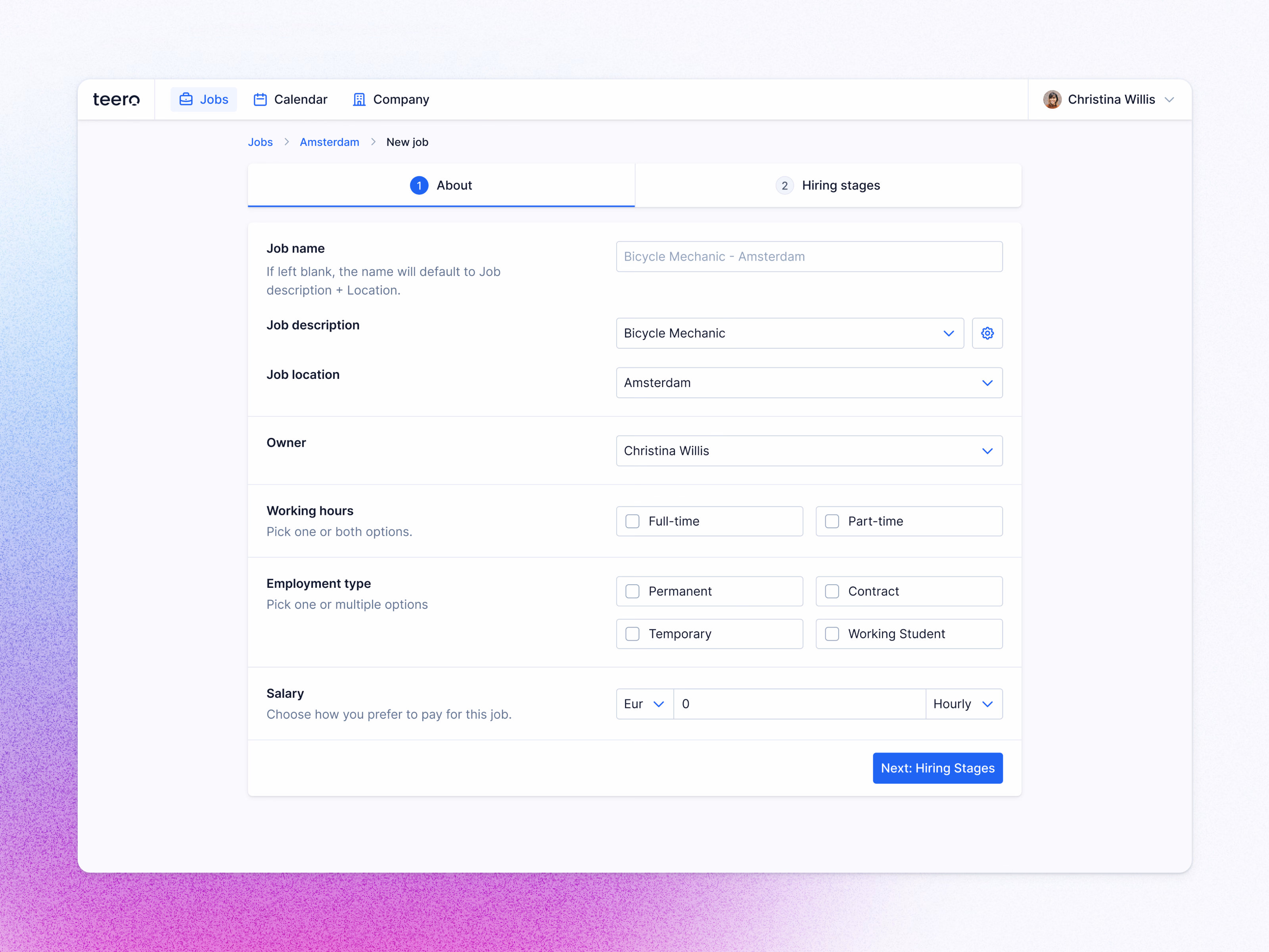 Simplified job posting form first step for Teero