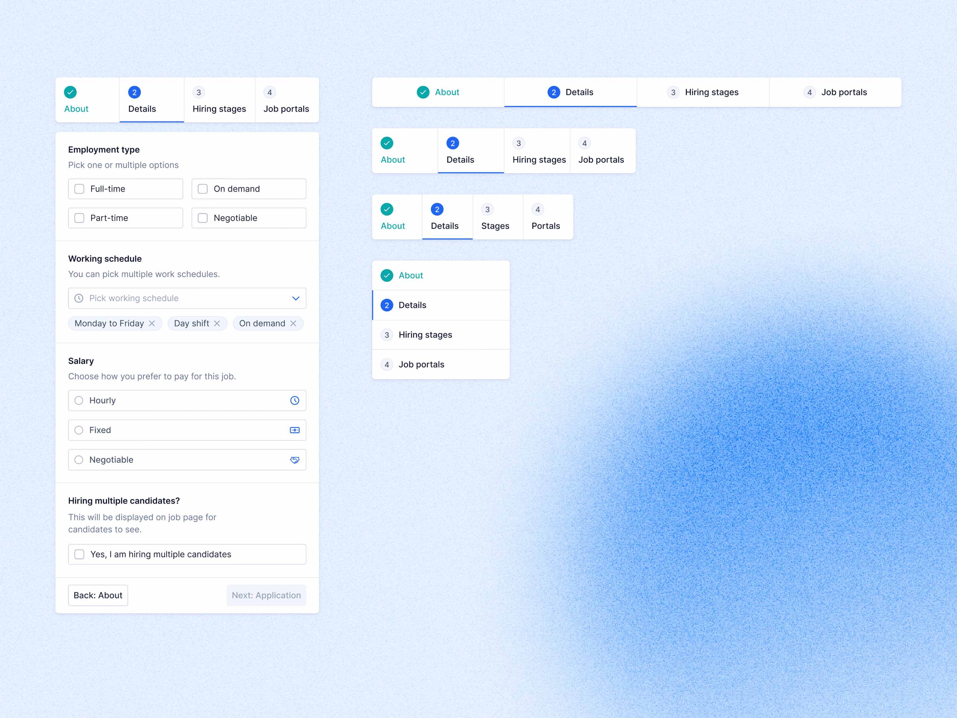 Job details step and stepper variations for Teero