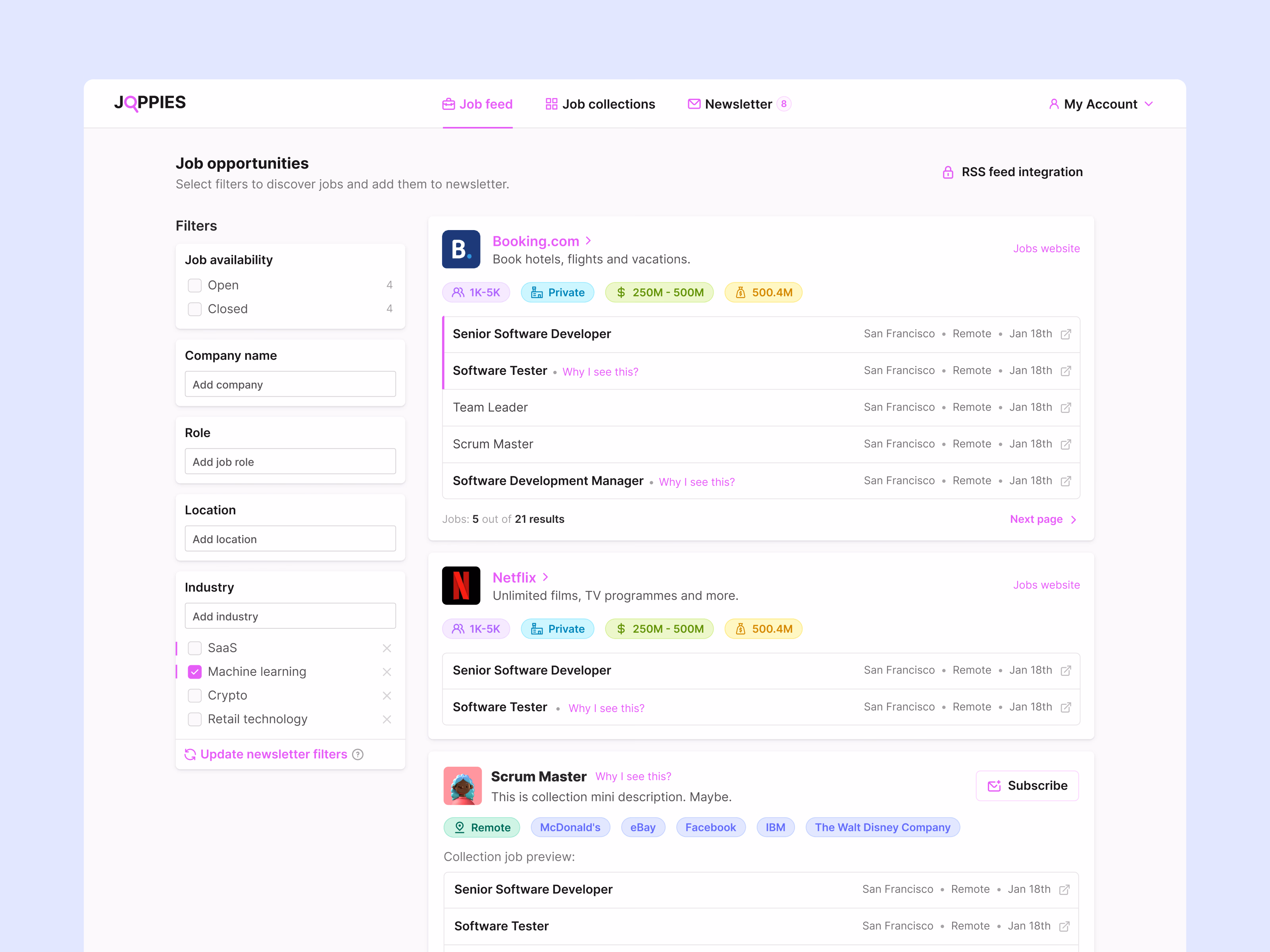 Job openings feed with filters for Joppies