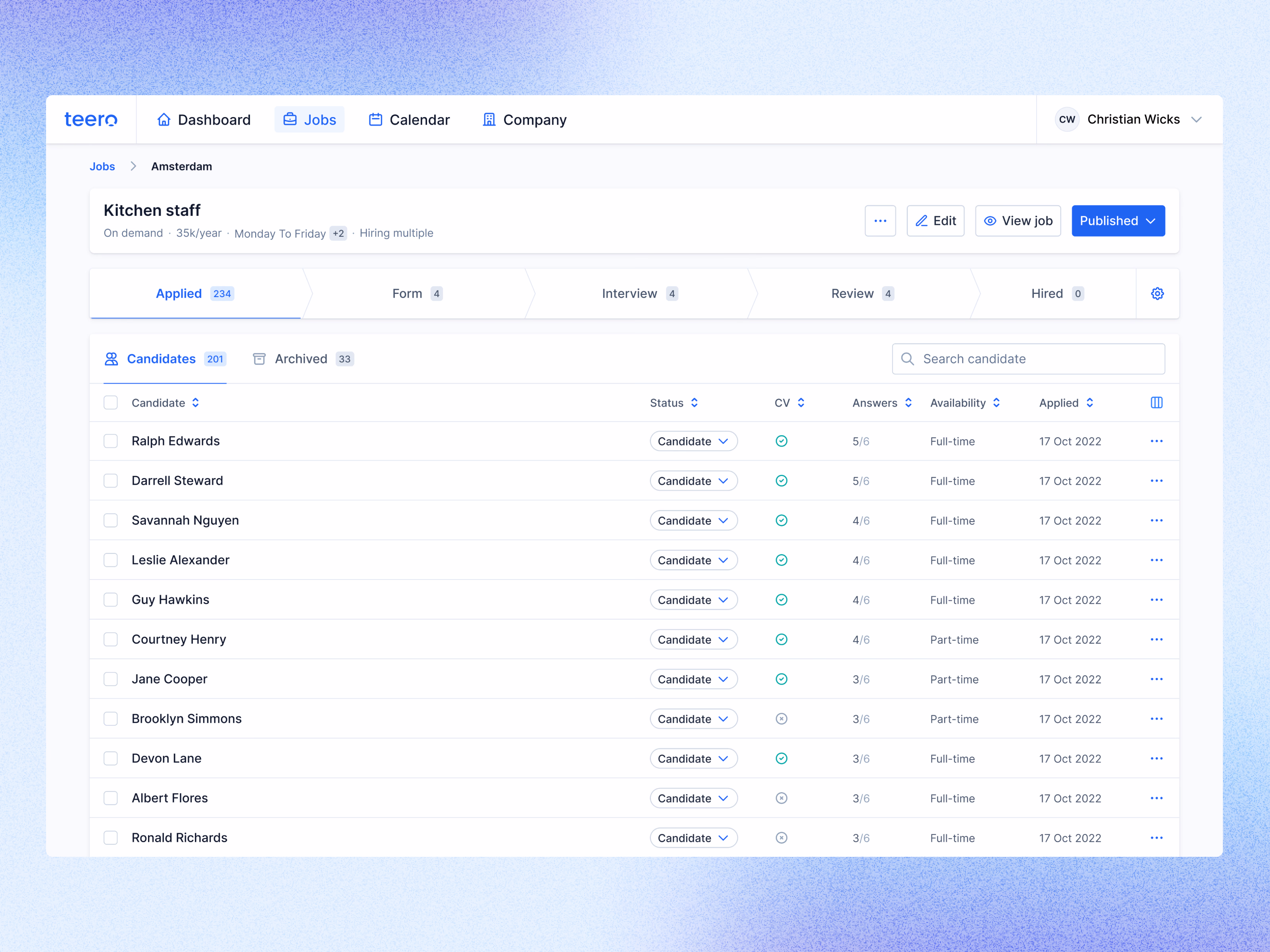 Job hiring page with candidate screening table for Teero
