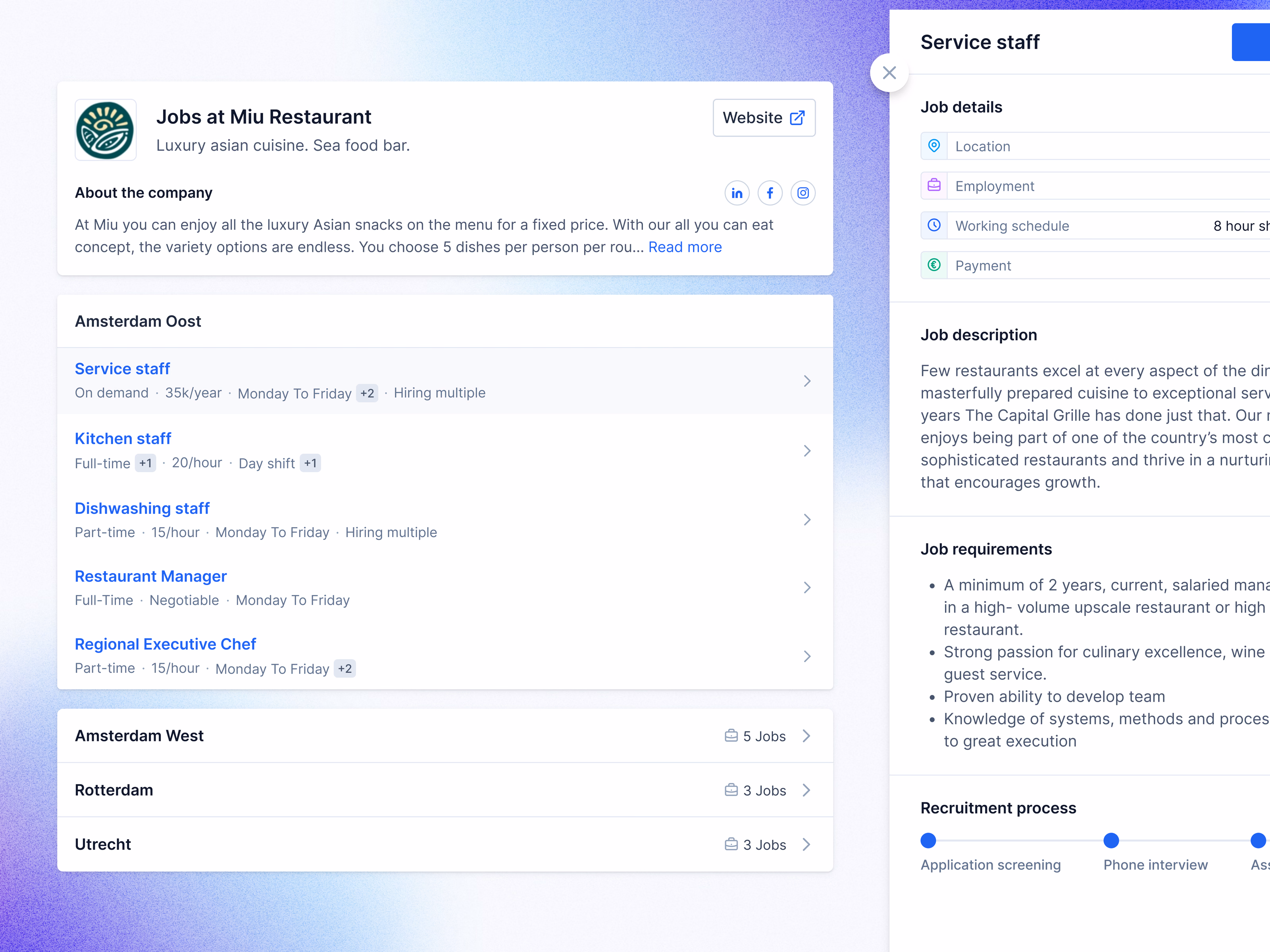 Public restaurant jobs page with job details for Teero