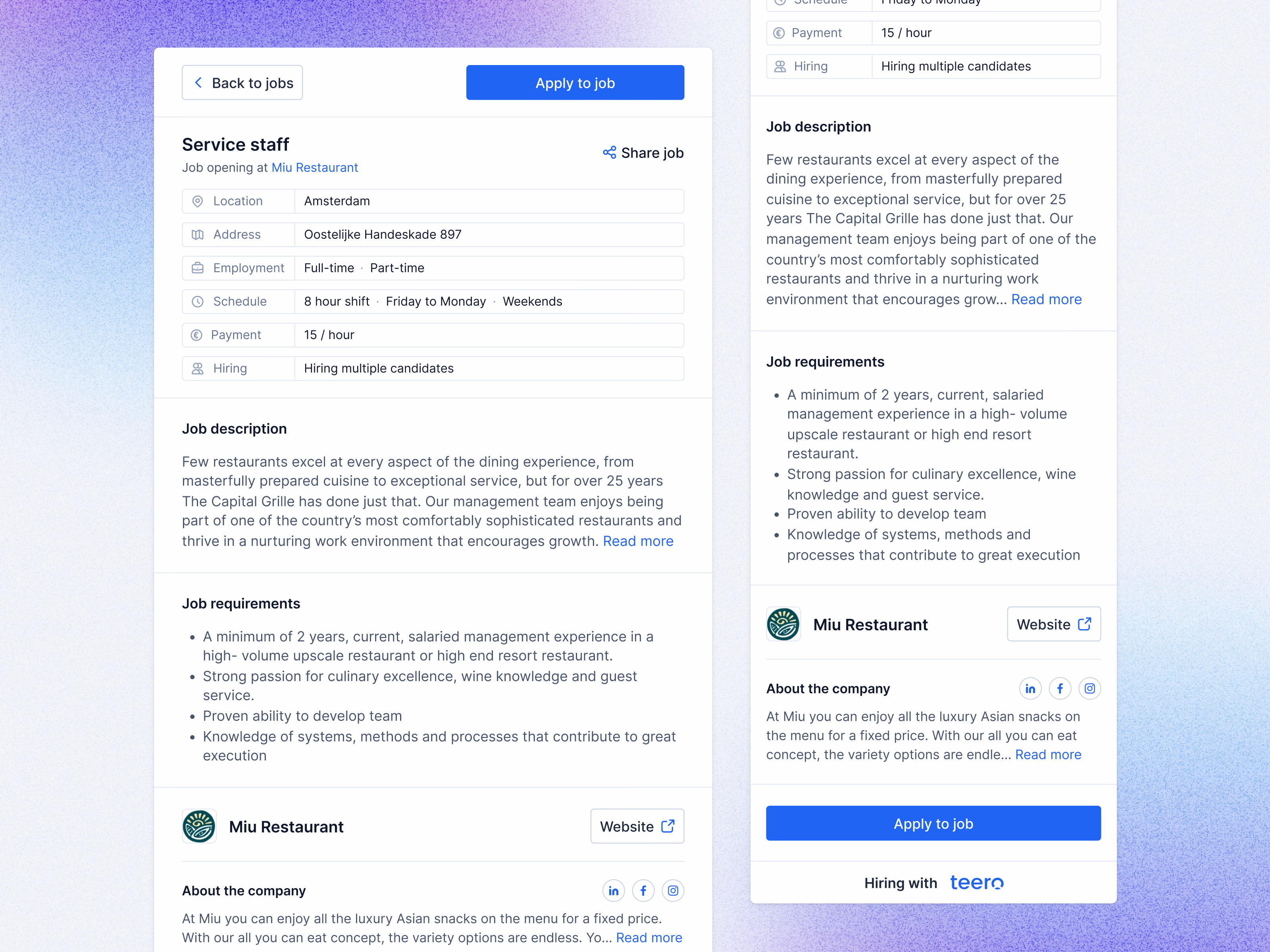 Responsive job detail page for Teero candidates