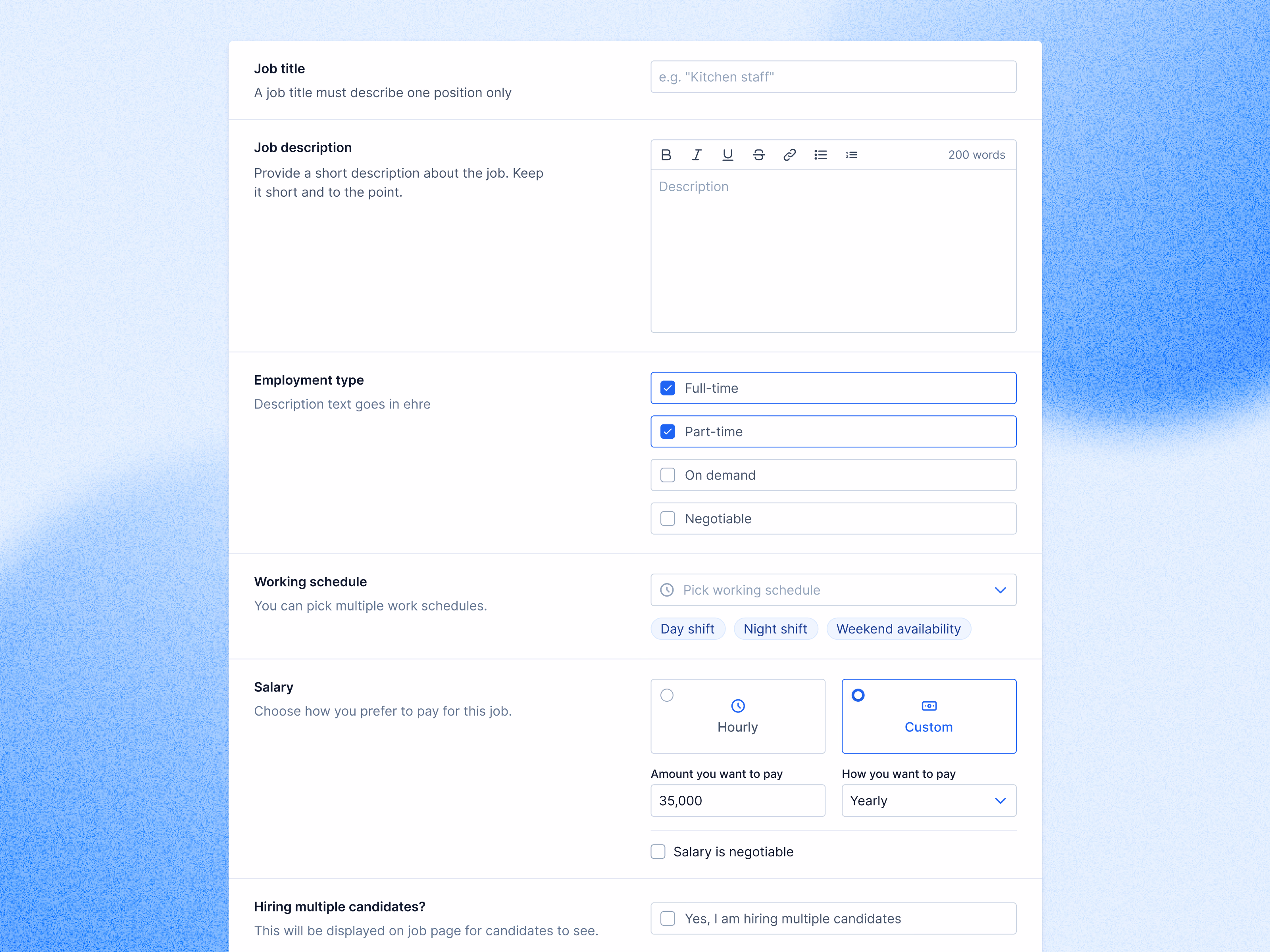 Job post creation form draft for Teero