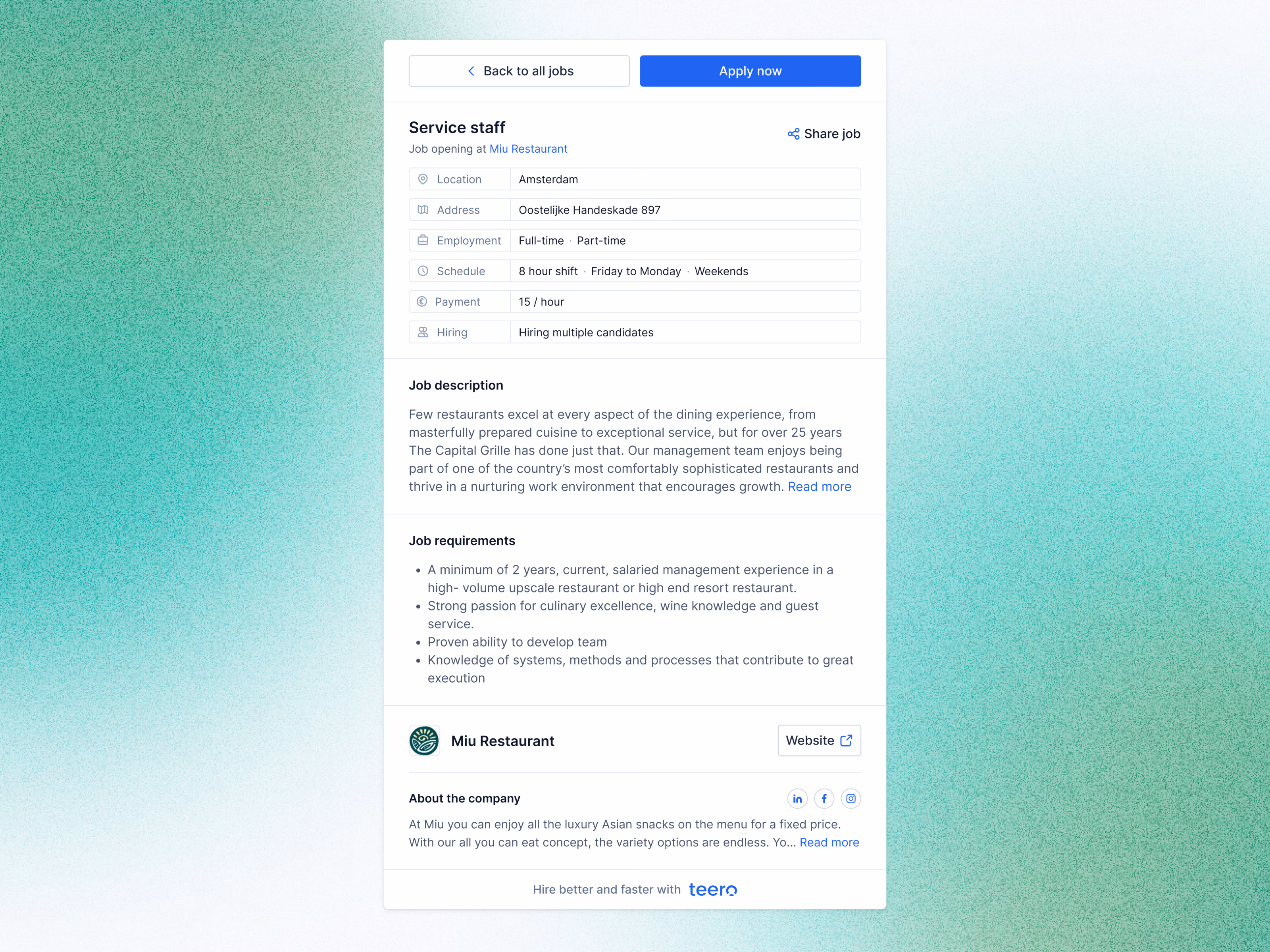 Single job post page for Teero job seekers