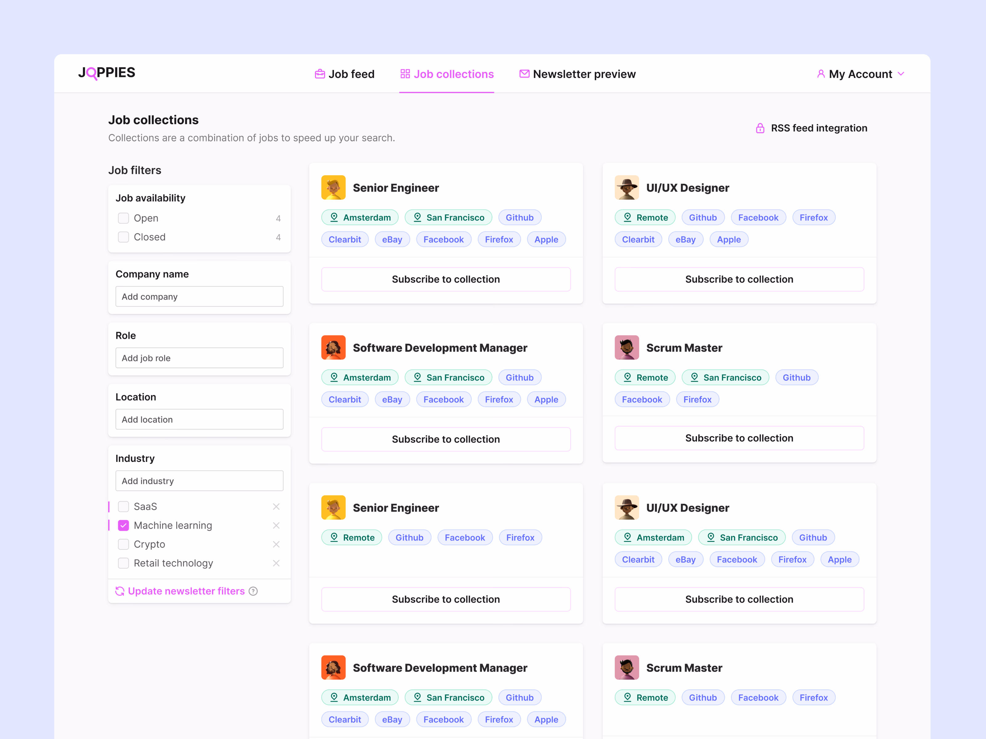 Job collections grid layout for Joppies job search