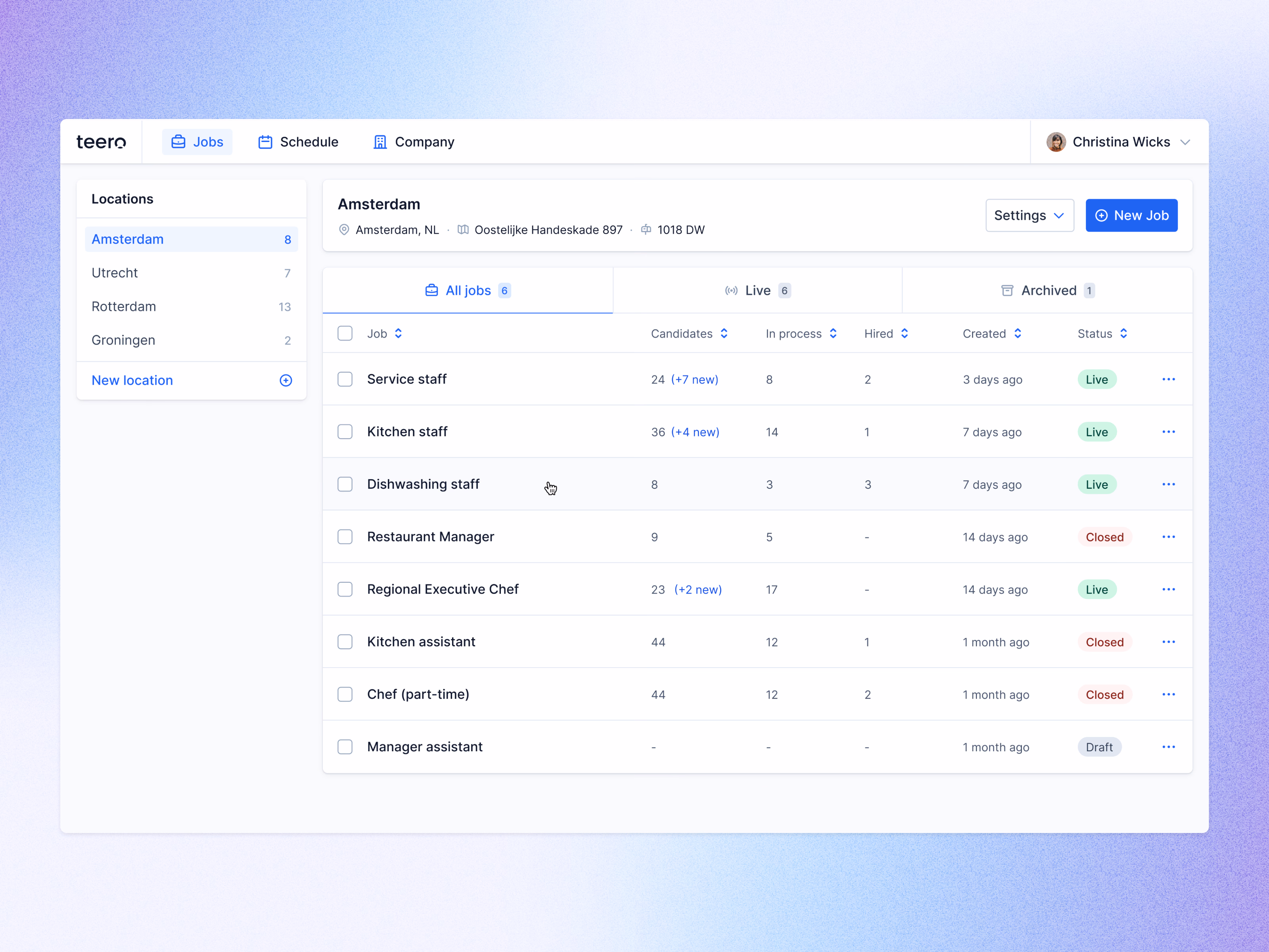 Jobs by location page in Teero's hiring dashboard