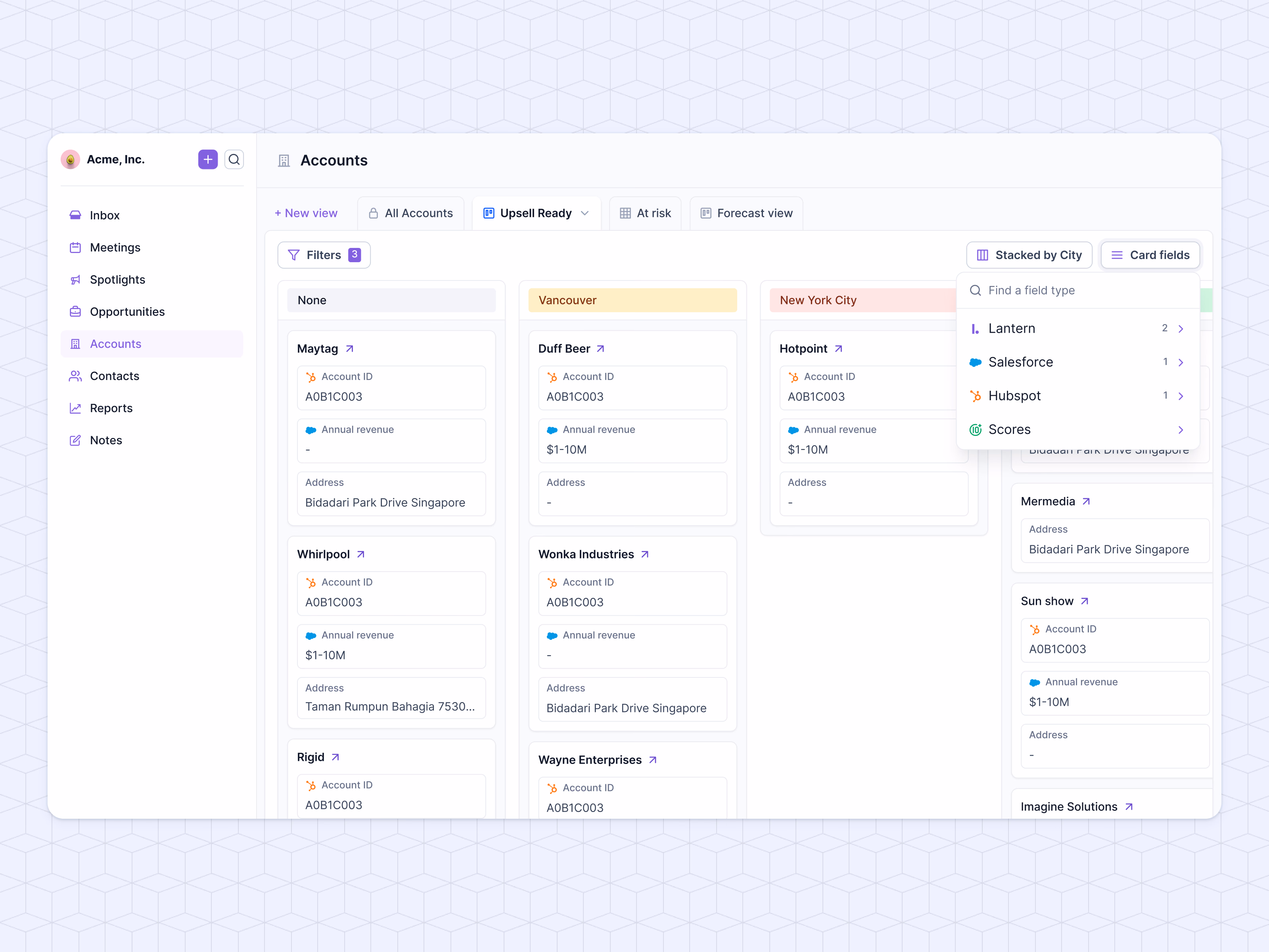 Accounts kanban board in Lantern's AI CRM