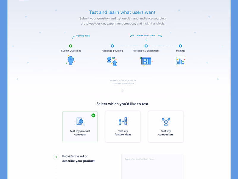 Experiment request landing page for AlphaHQ