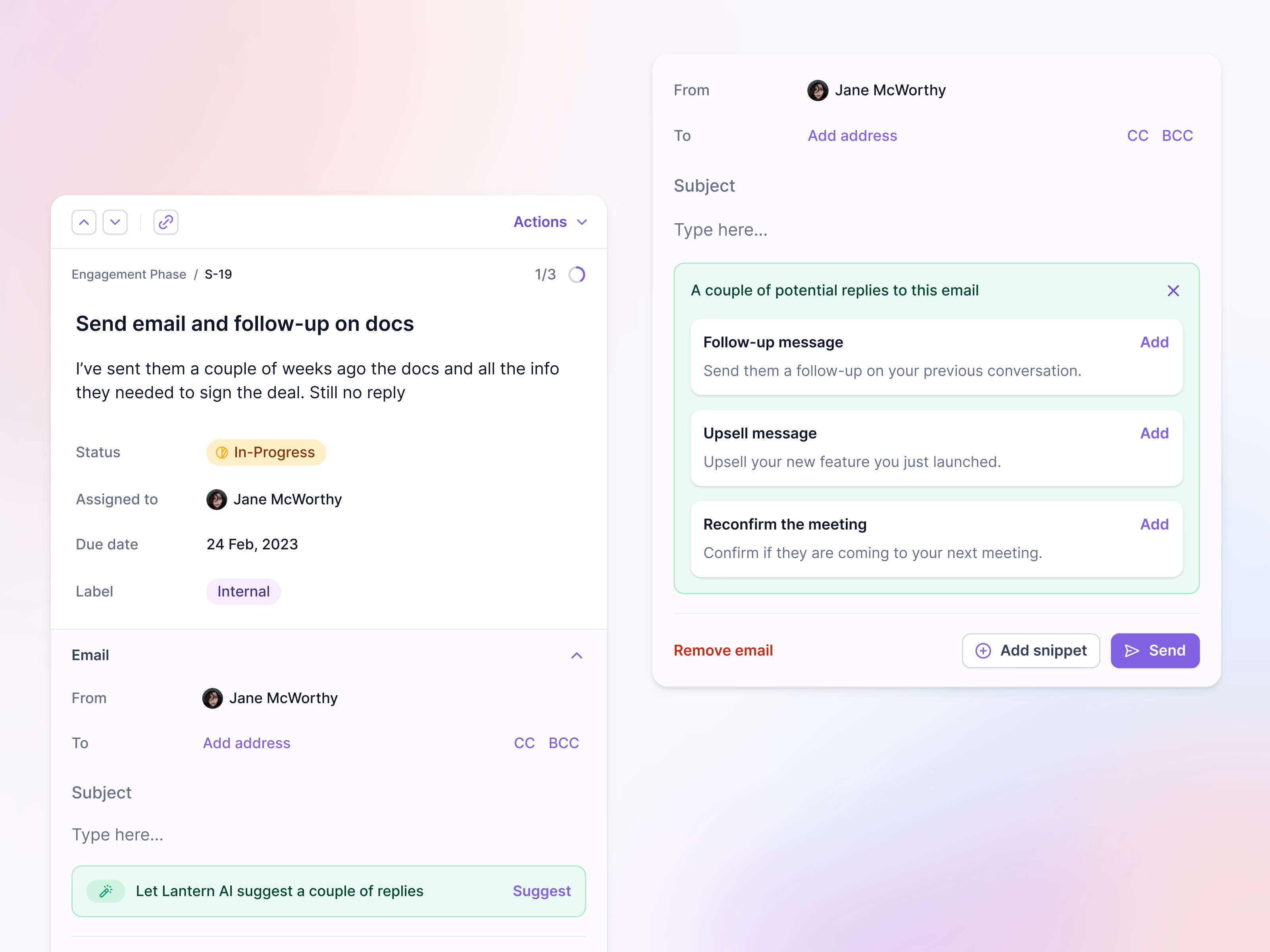 AI email reply suggestions in Lantern's CRM tasks
