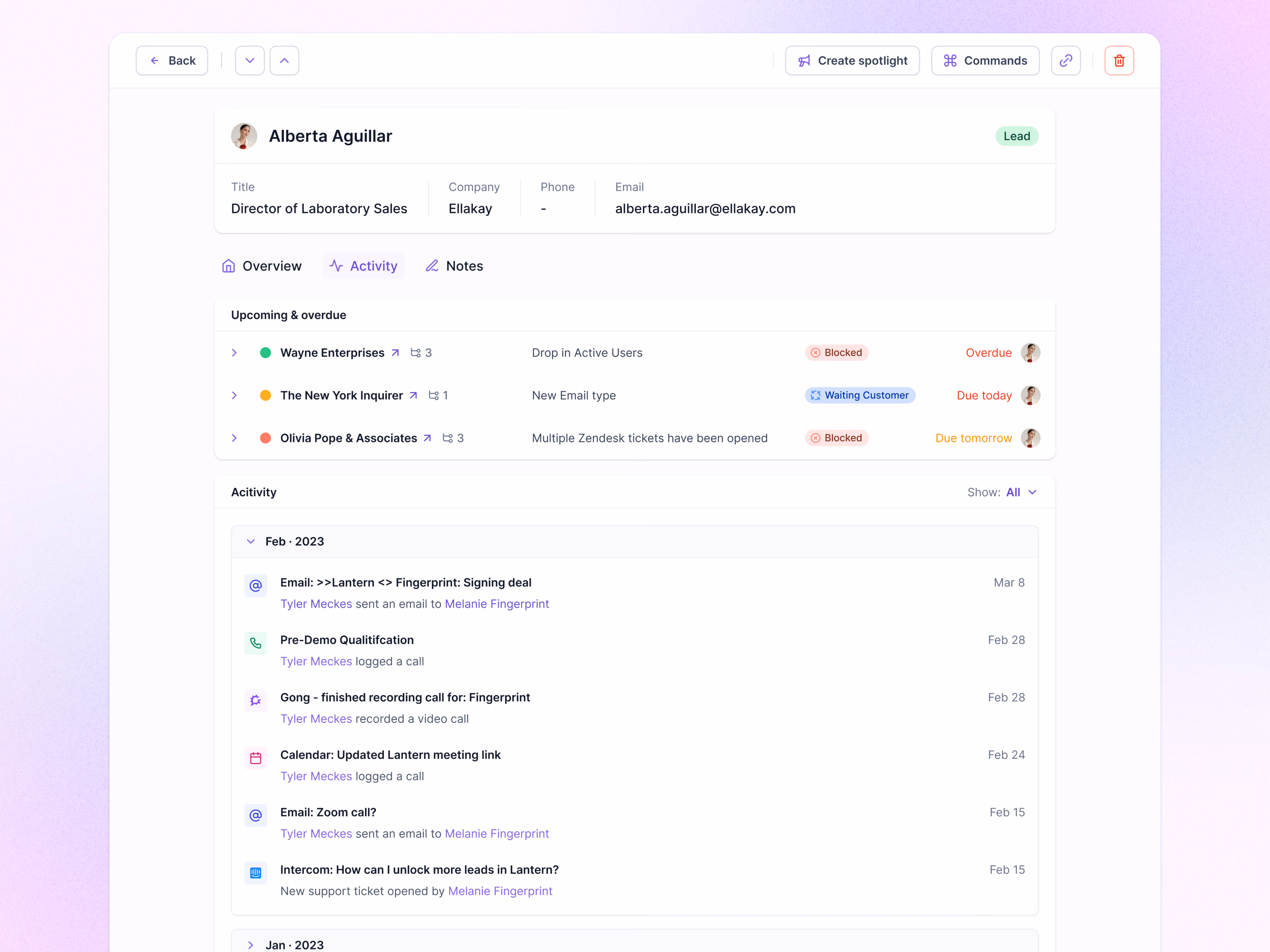 Lead profile and activity view in Lantern AI CRM