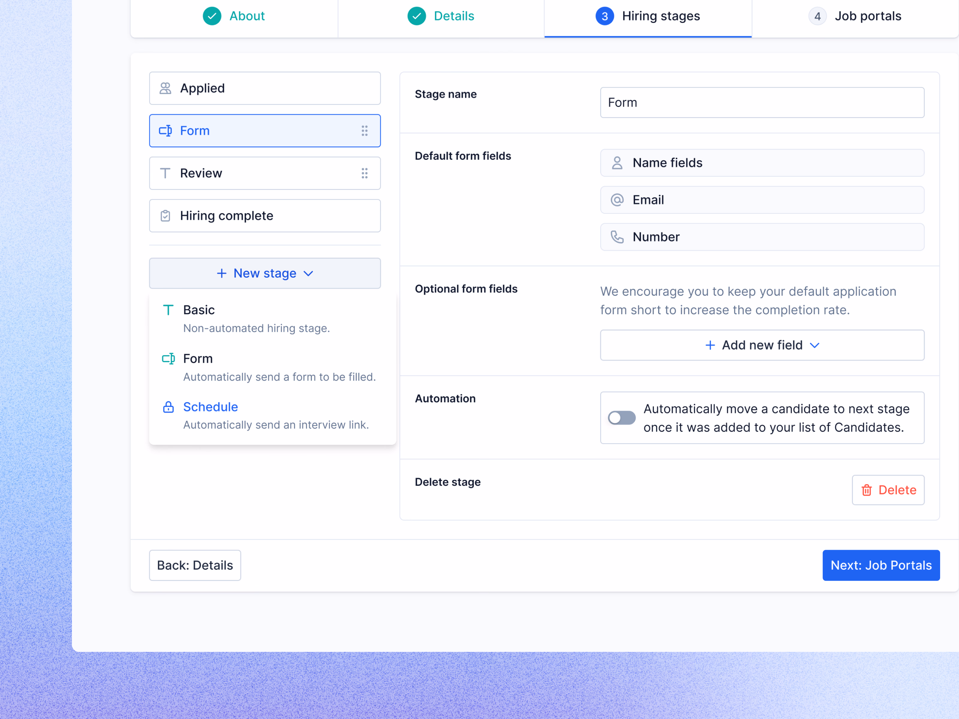 Limited plan hiring stages step in Teero job setup