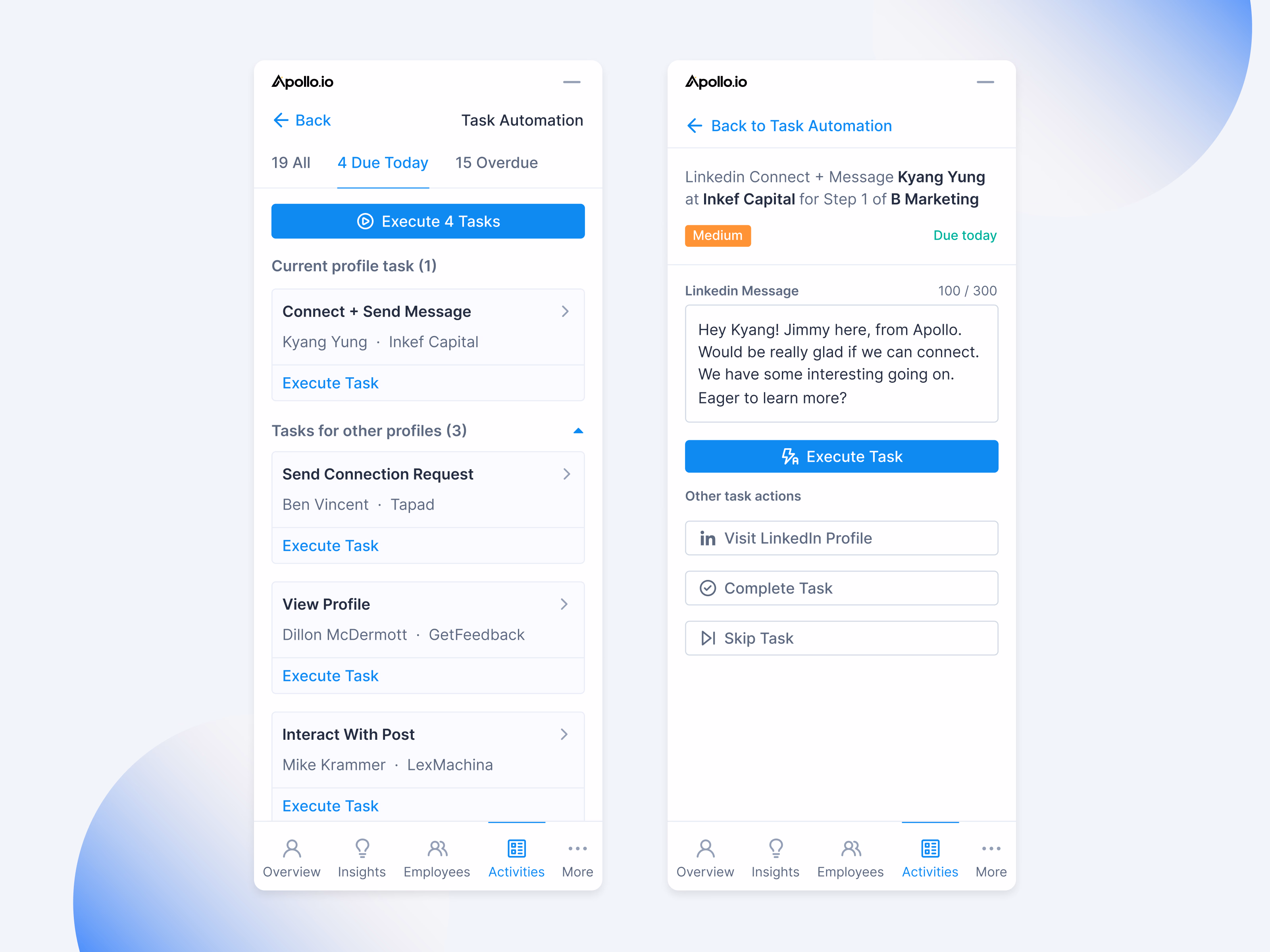LinkedIn task automation in Apollo's extension