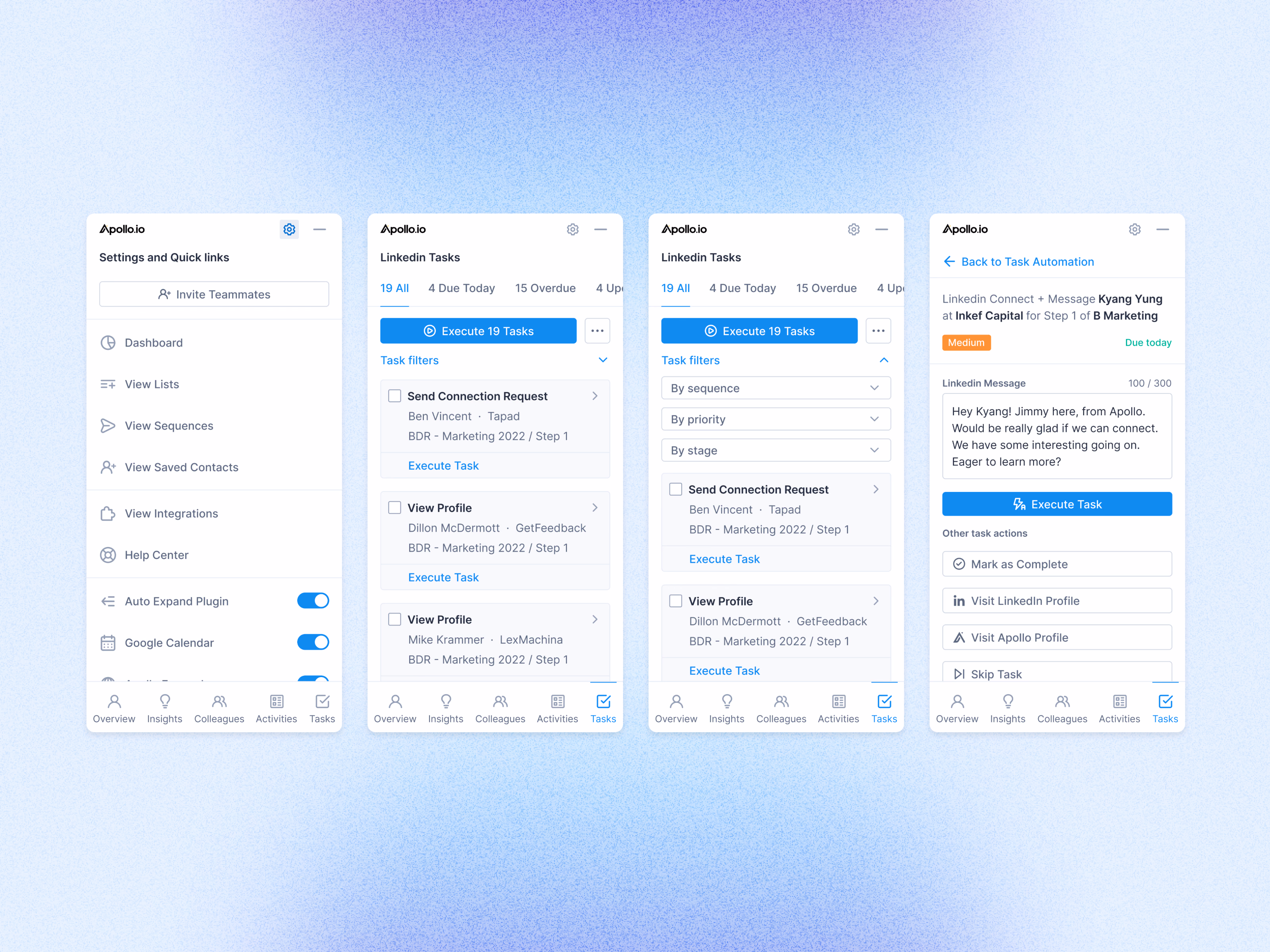 Apollo LinkedIn extension settings and task panels