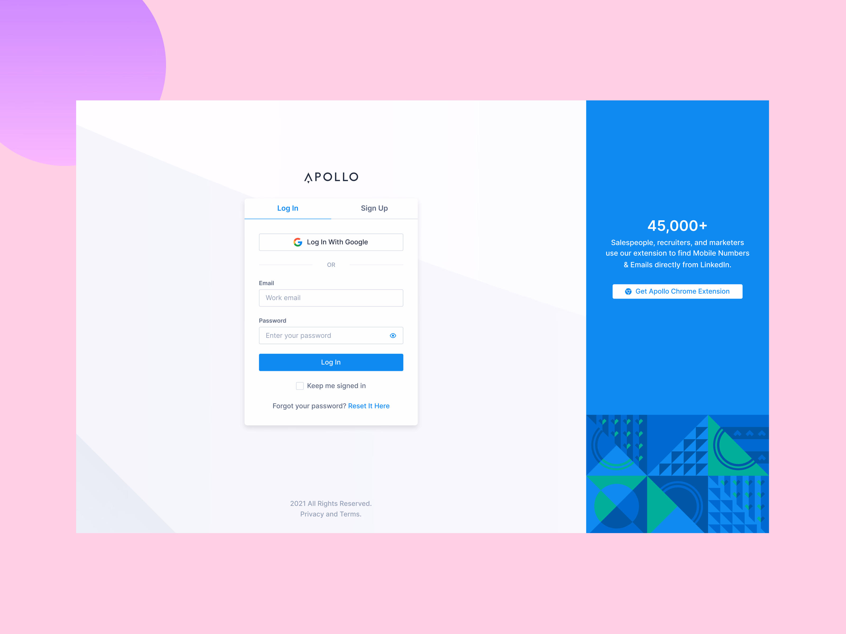 Login and sign-up page for Apollo