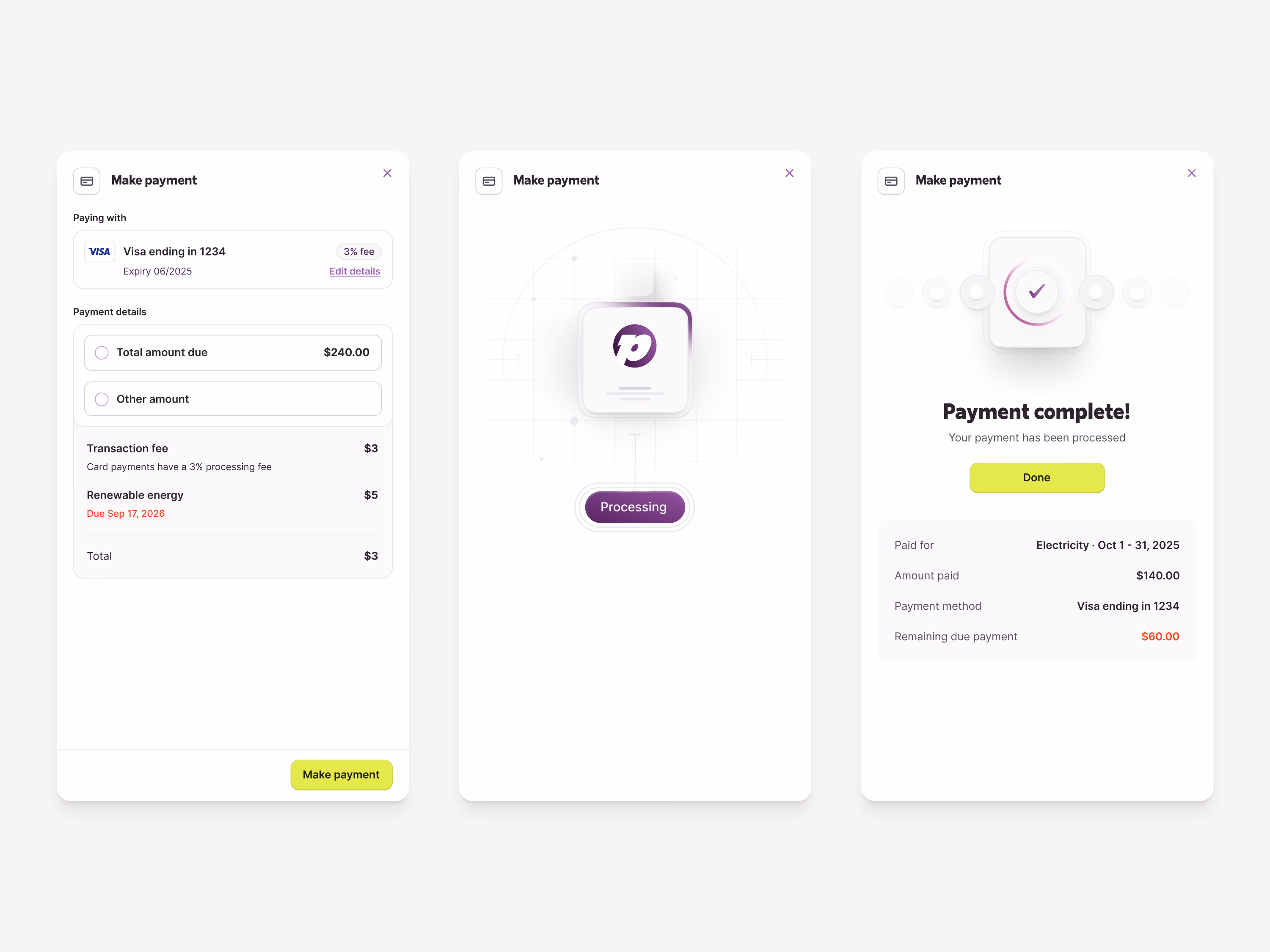 Utility bill card payment flow for Public Grid