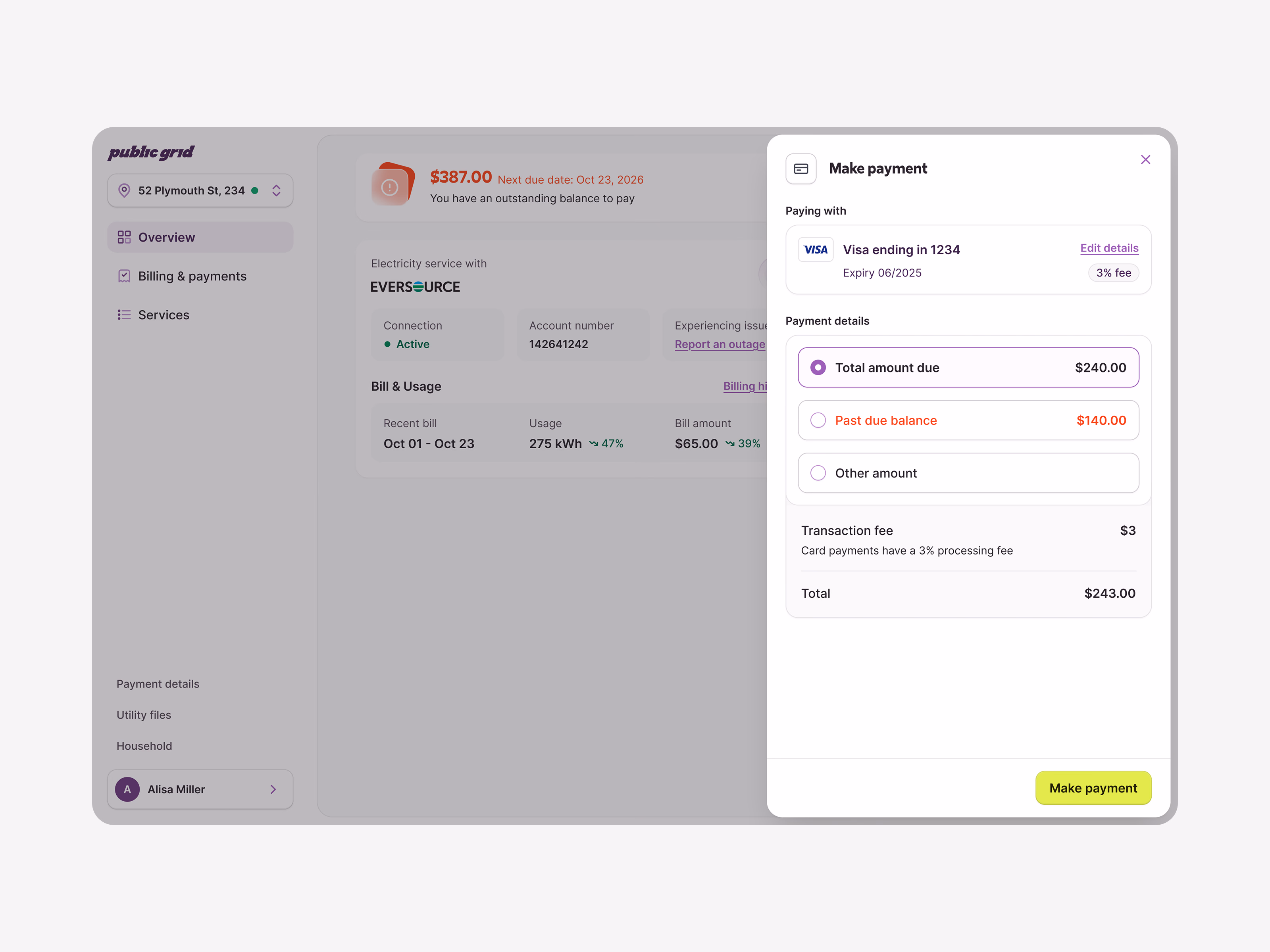 Pay bill panel in Public Grid's energy app