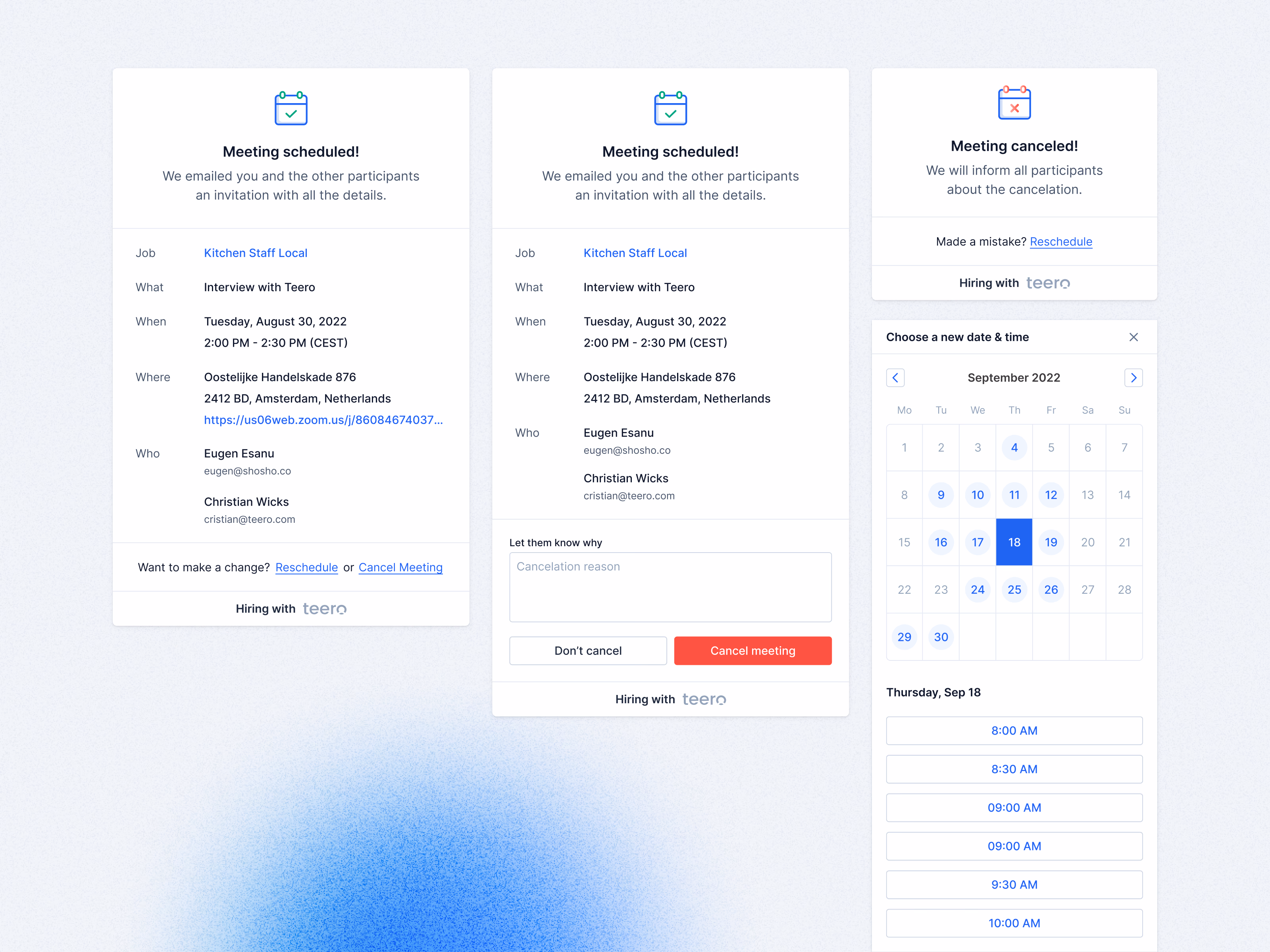 Interview booking confirmation states in Teero
