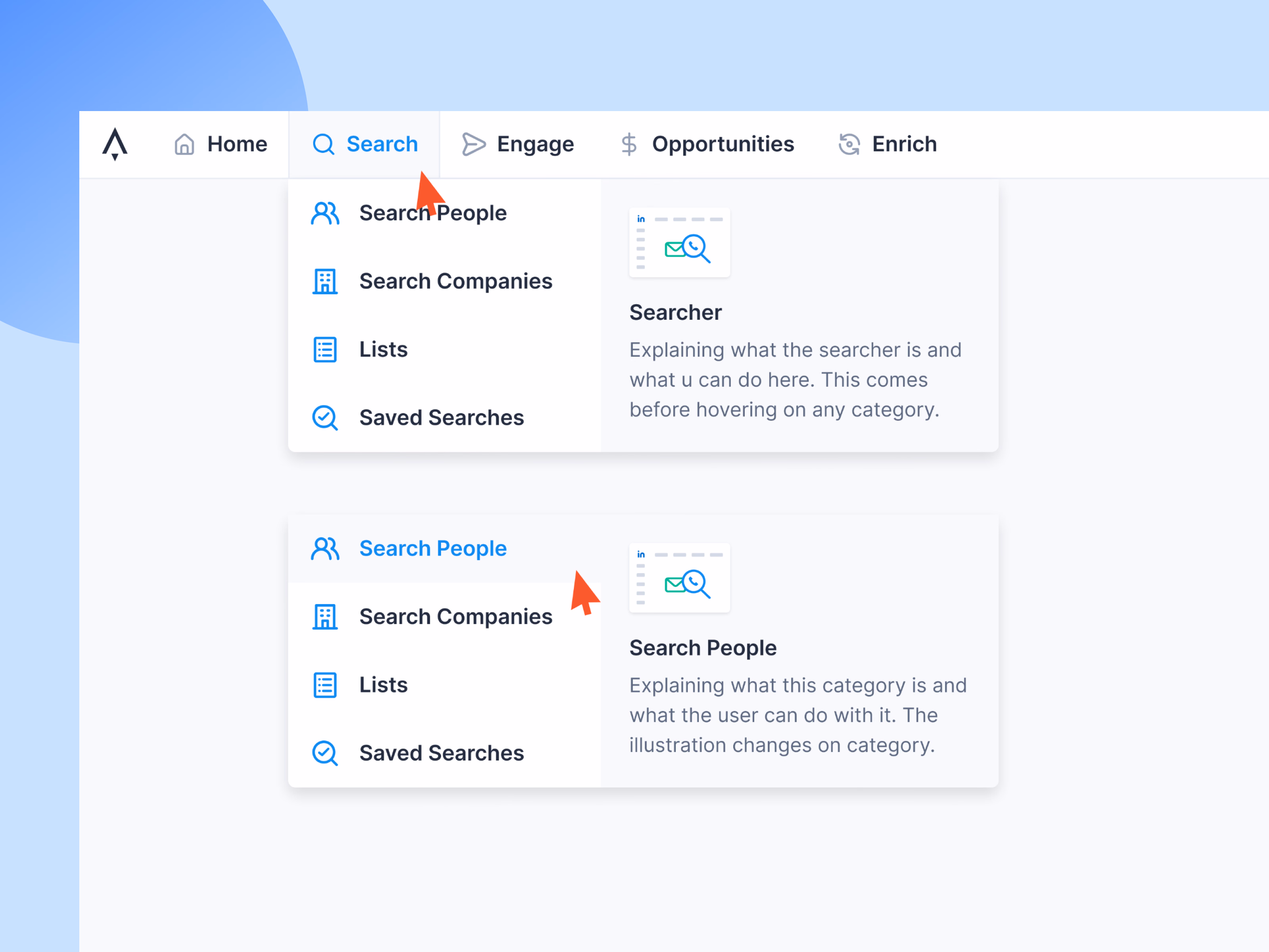 Search navigation menu hover states in Apollo