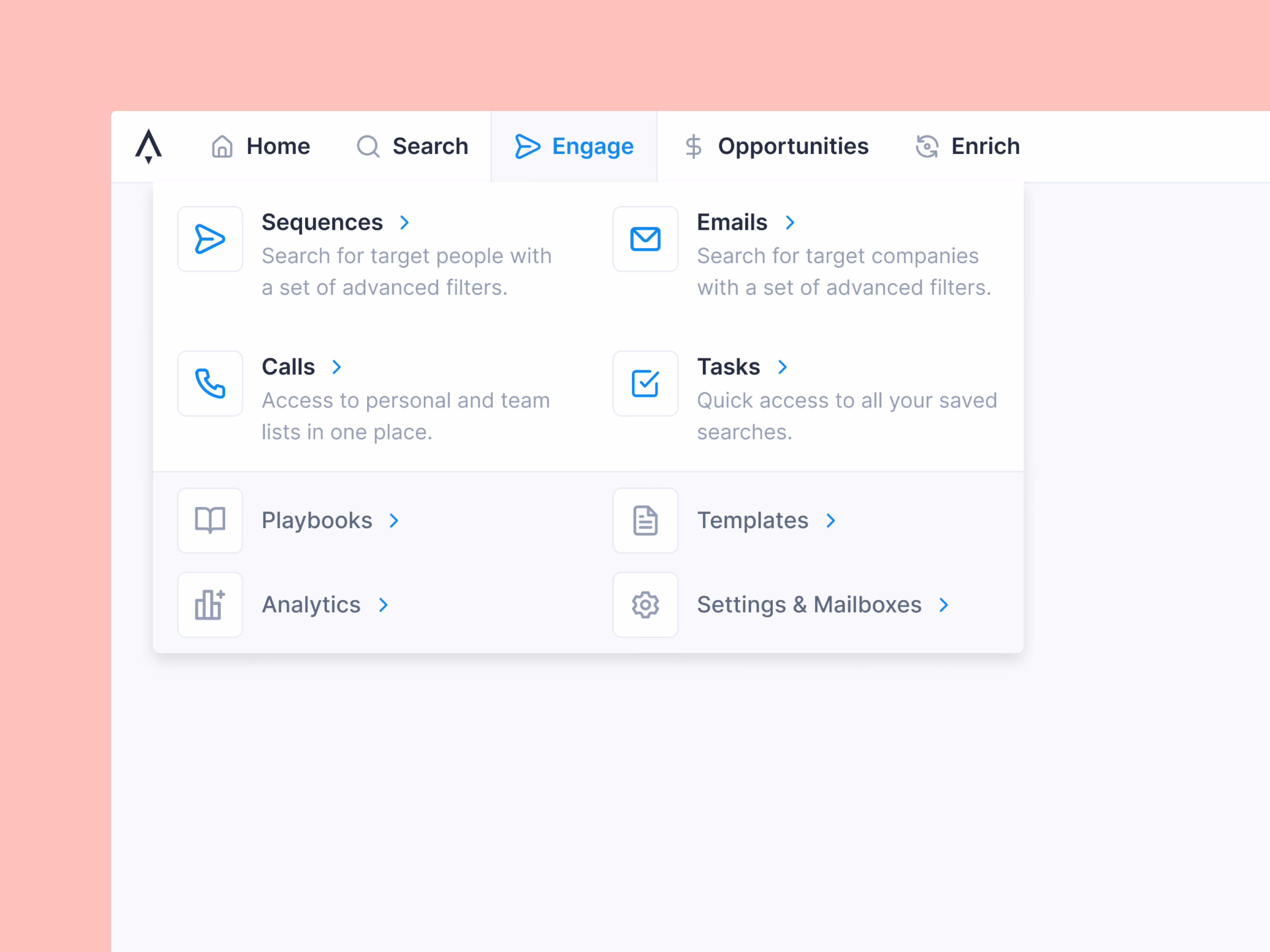 Engage dropdown menu in Apollo's top navigation