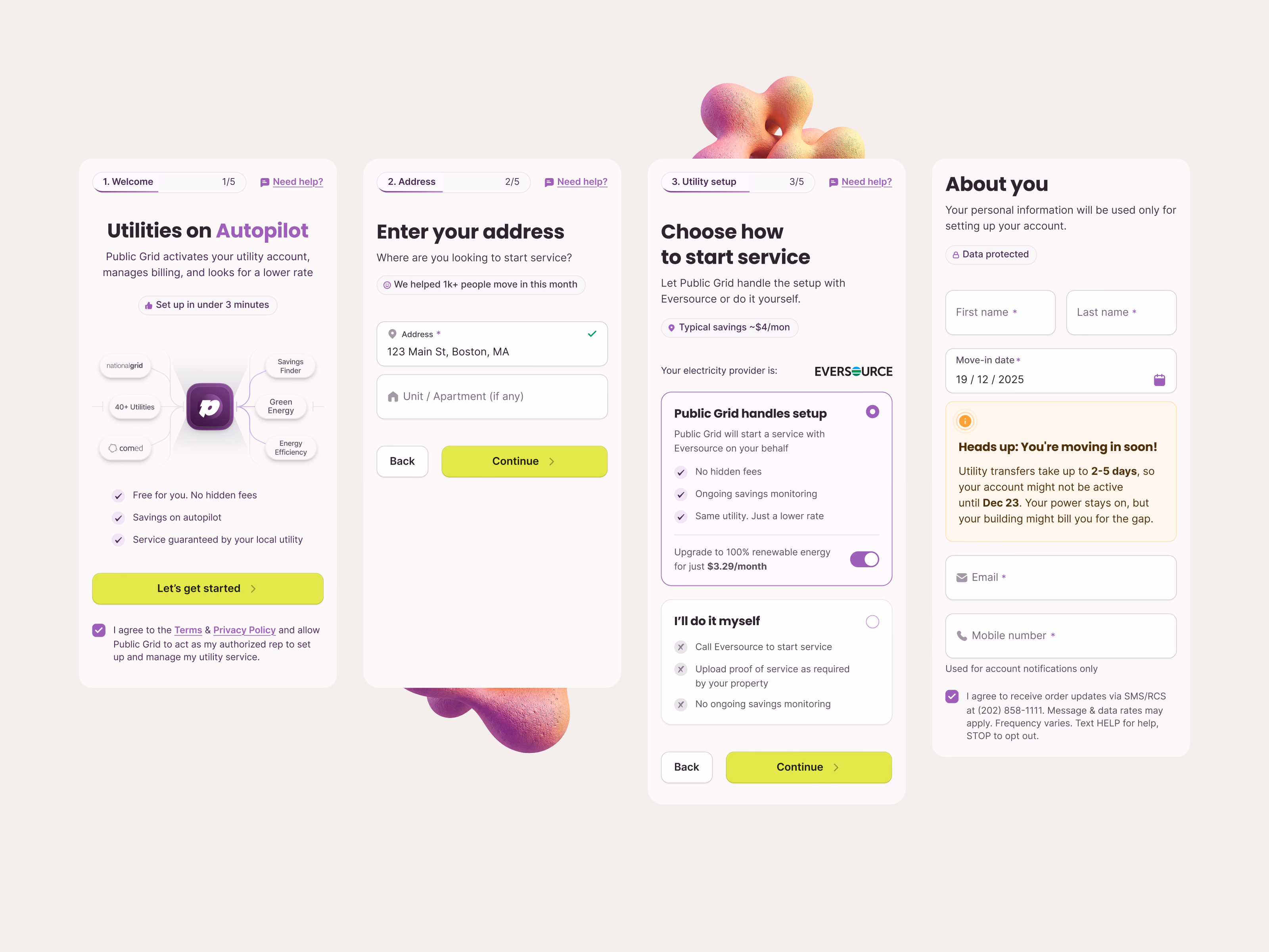 Mobile utility onboarding flow for Public Grid