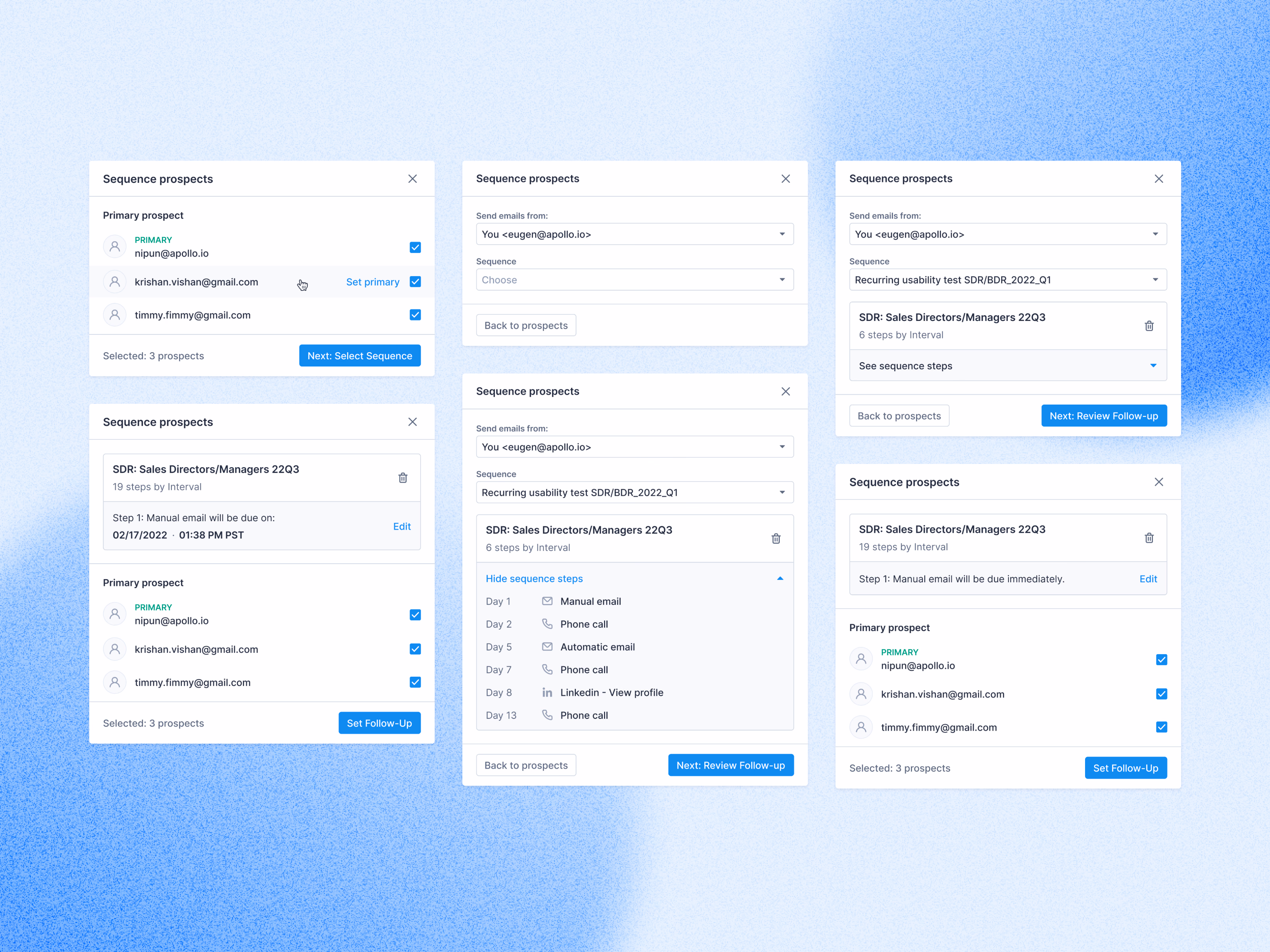 Add prospects to sequence modals in Apollo
