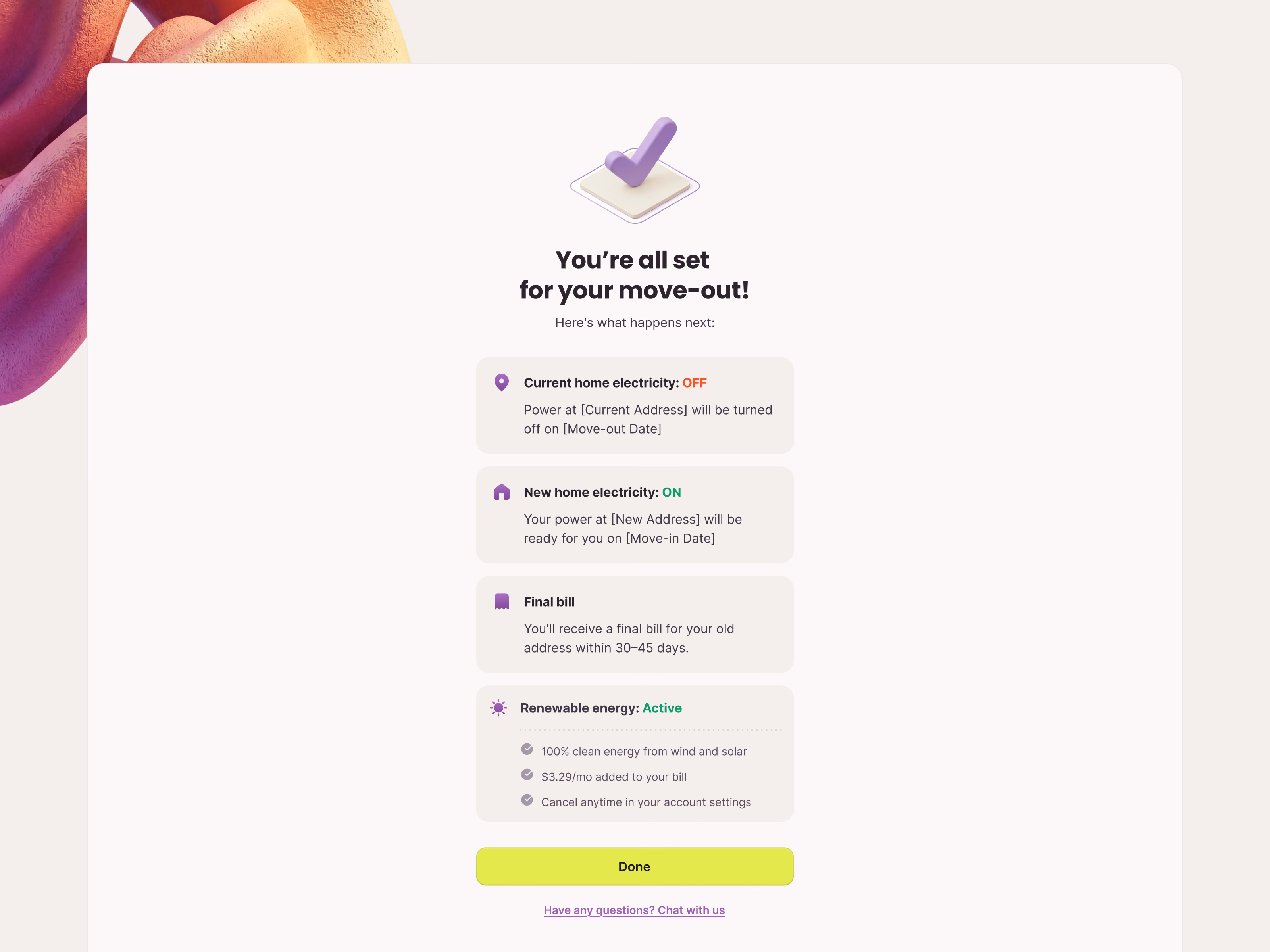 Move-out confirmation screen for Public Grid utilities