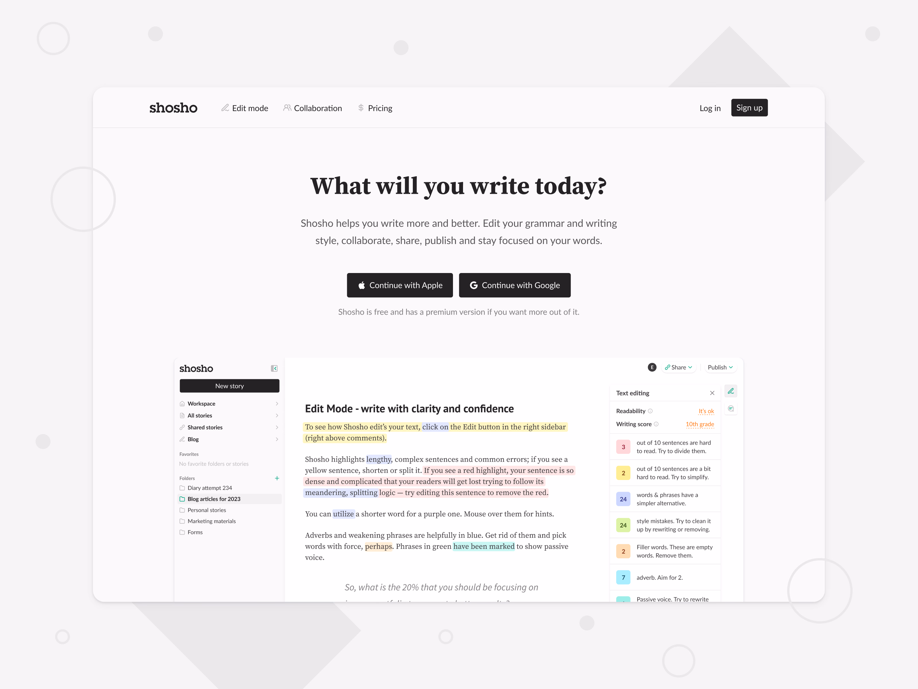 Writing app landing page for Shosho