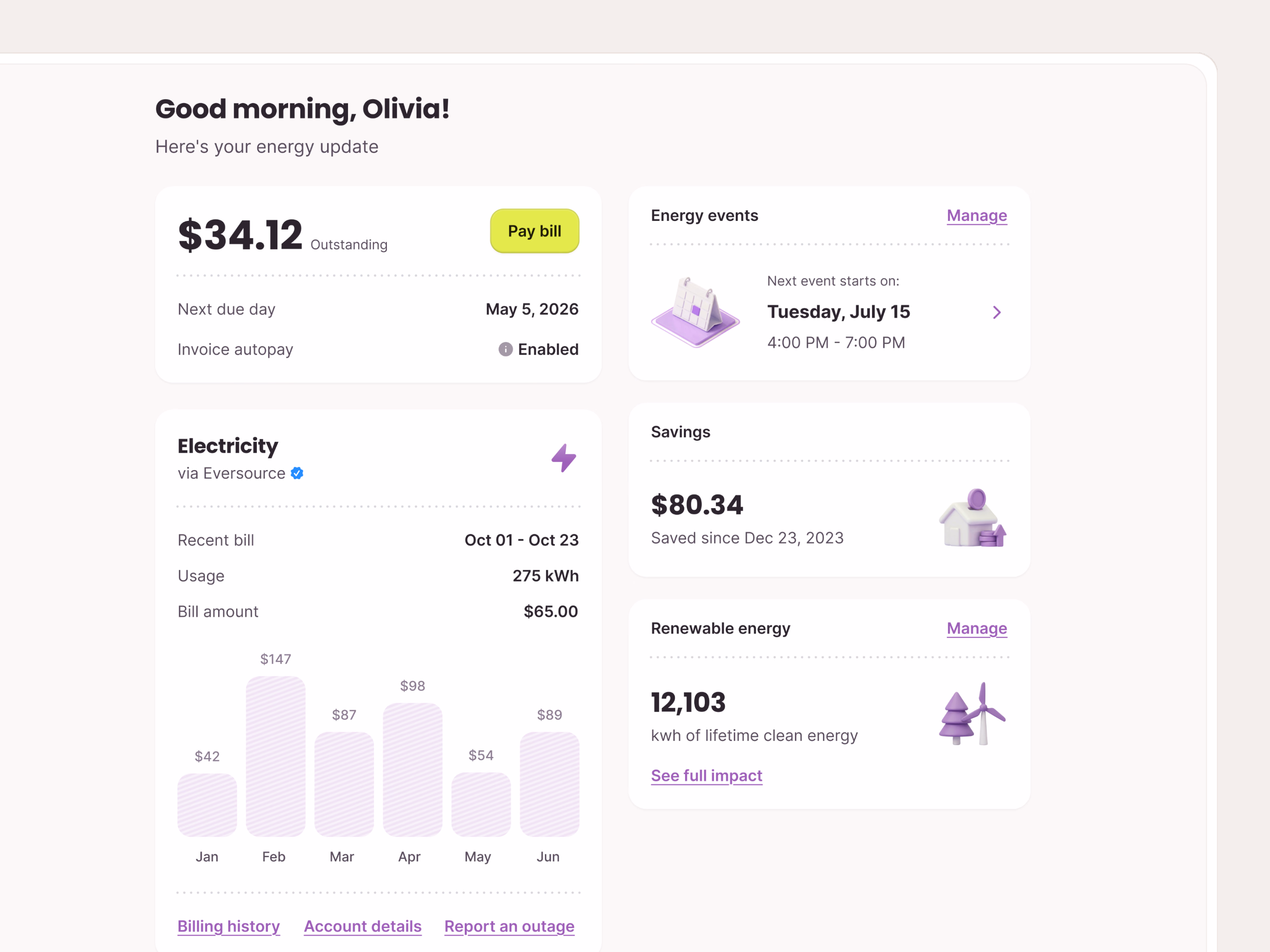 Customer app home dashboard for Public Grid energy