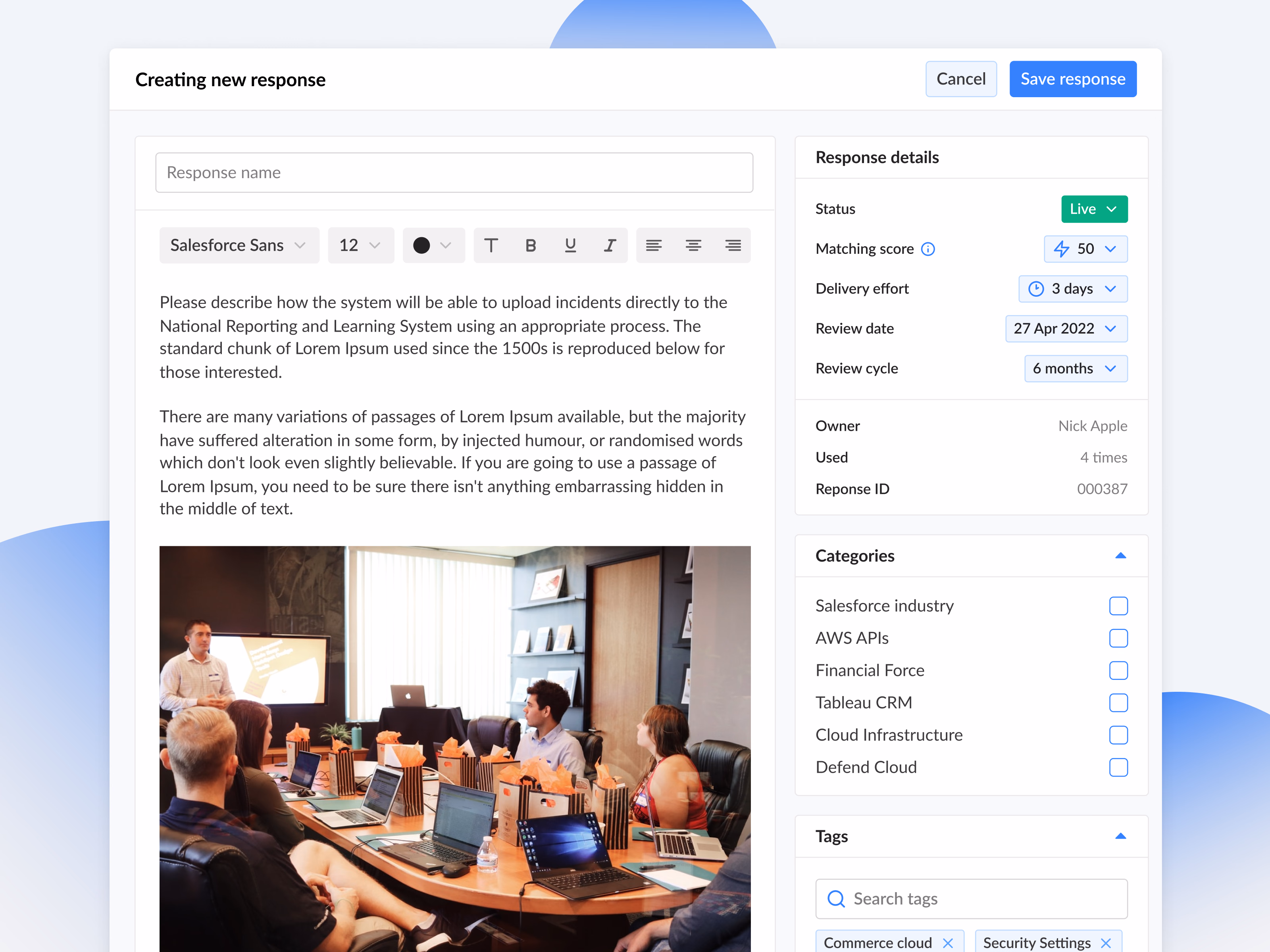 New saved response editor for an answer library
