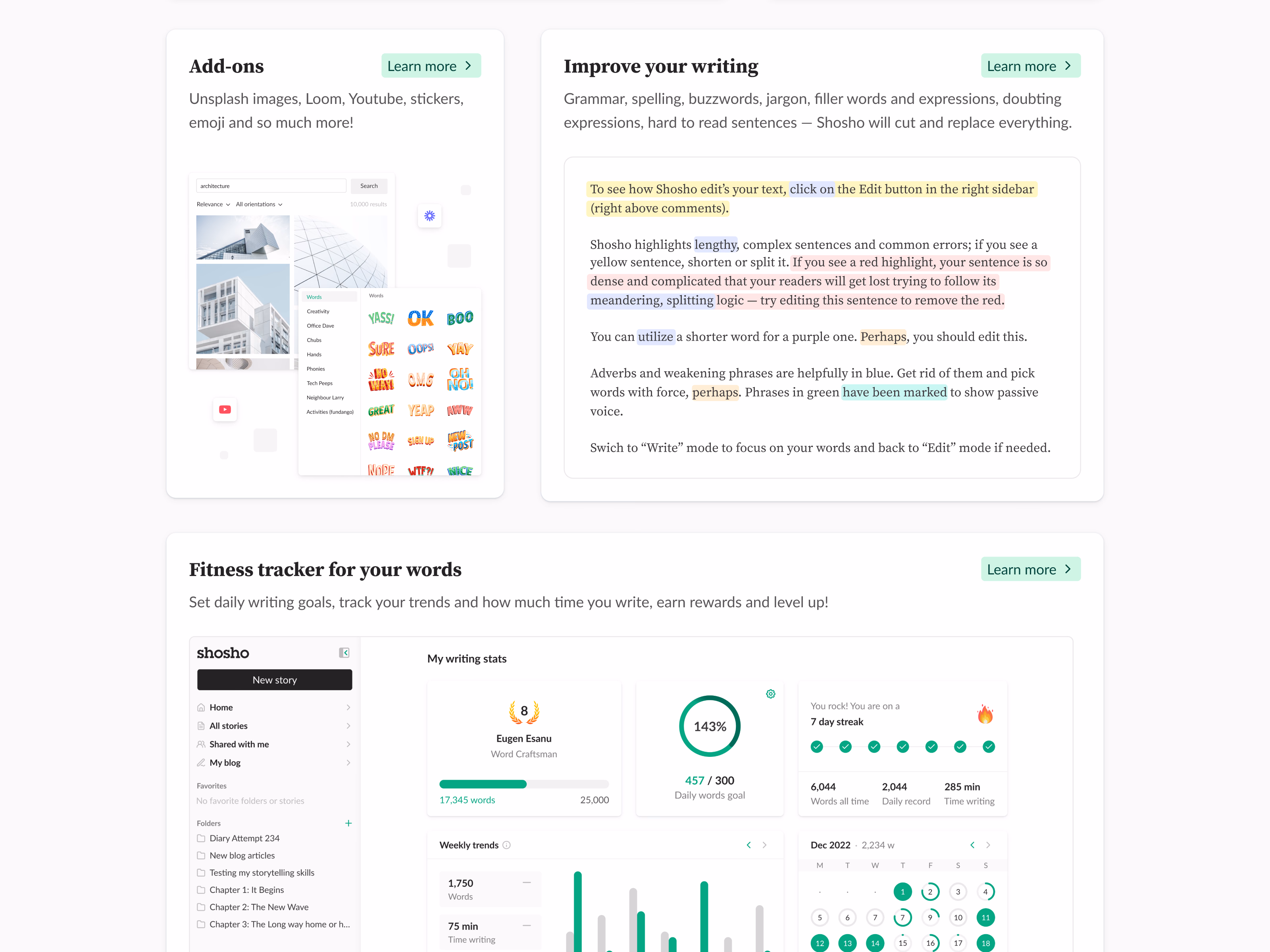 Writing tool feature cards for Shosho website