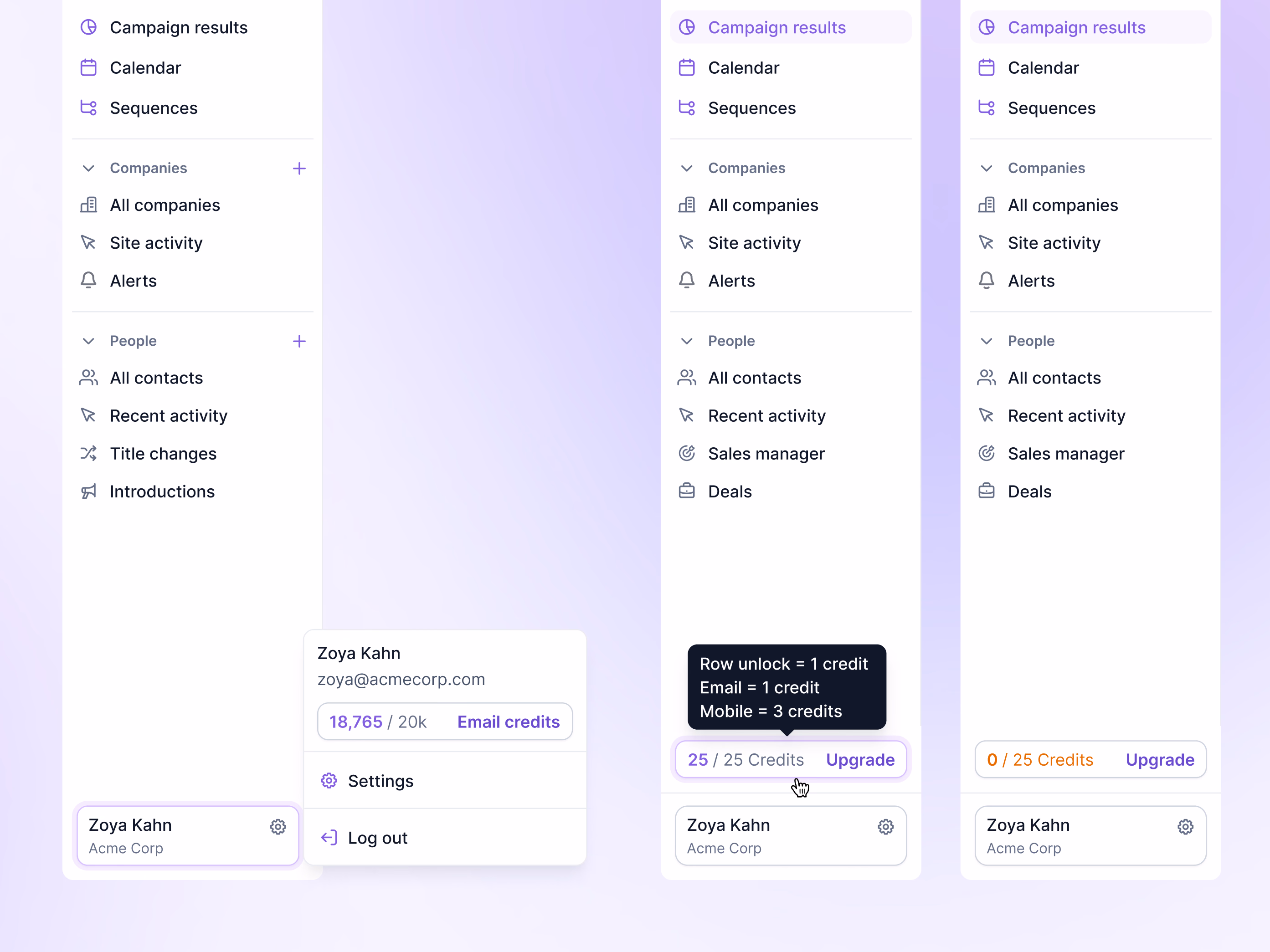 Sidebar navigation and credits meter for Lantern