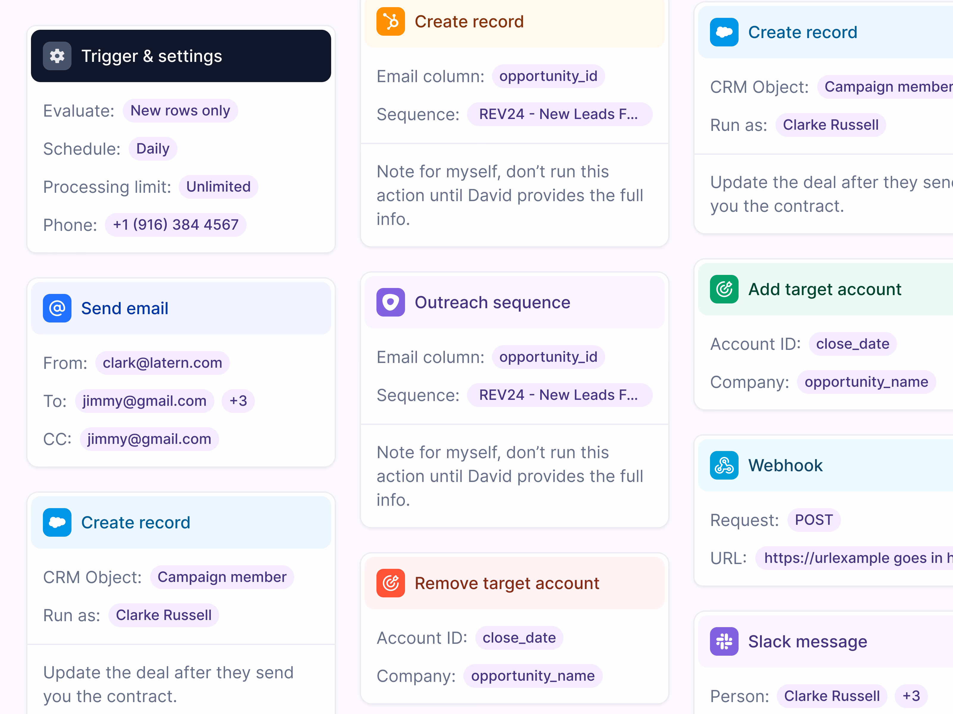 Workflow action cards for Lantern's builder